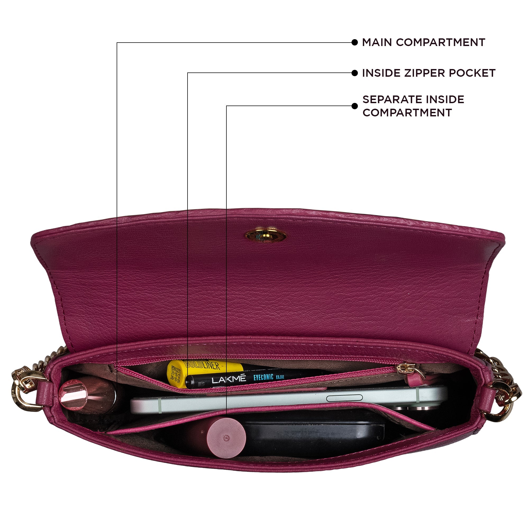 Inside compartments of genuine leather sling bag showing main and zip pockets for essentials