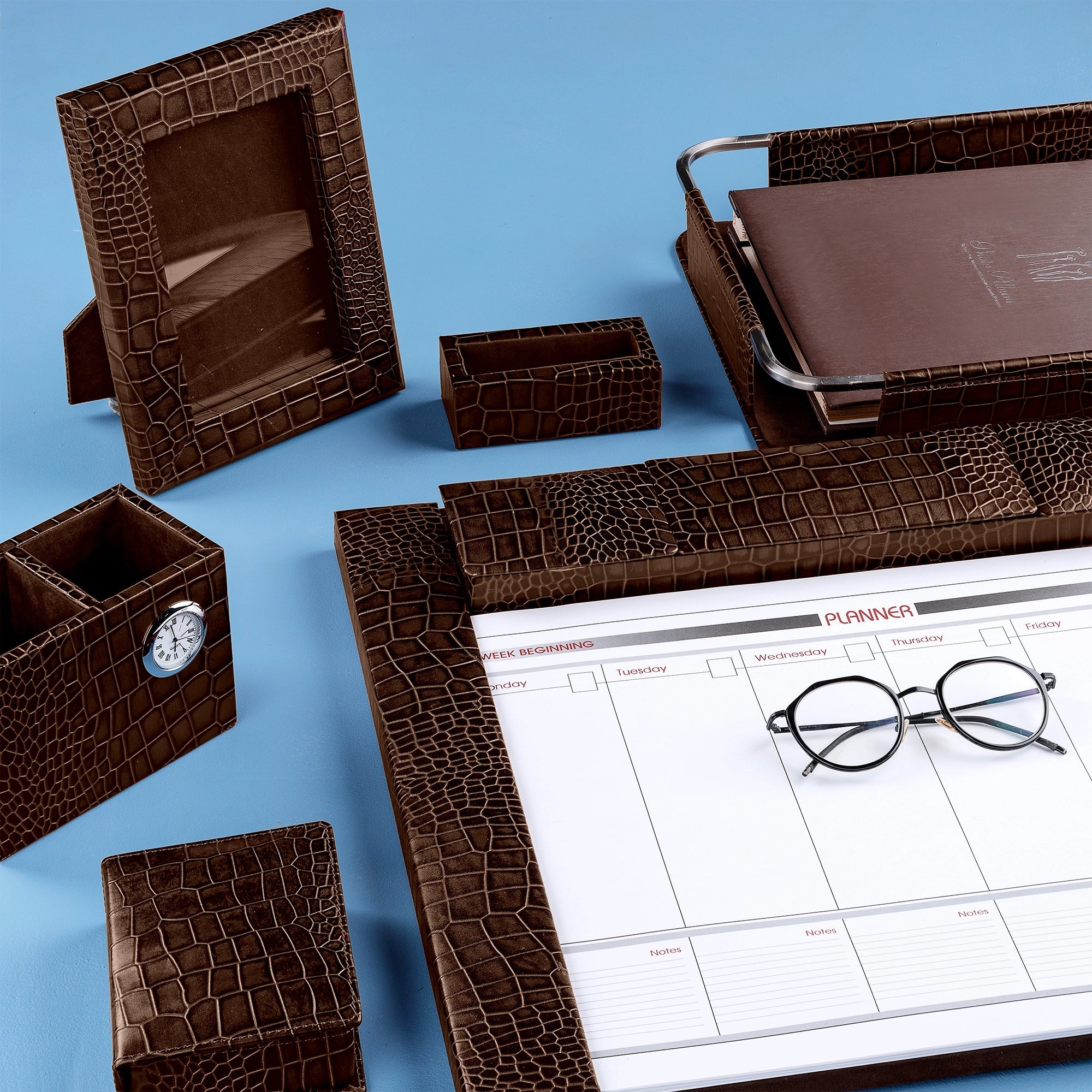 Desktop Planner Set I | Office Table Accessories| Croco Embossed Genuine Leather | Color- Brown Leather Talks