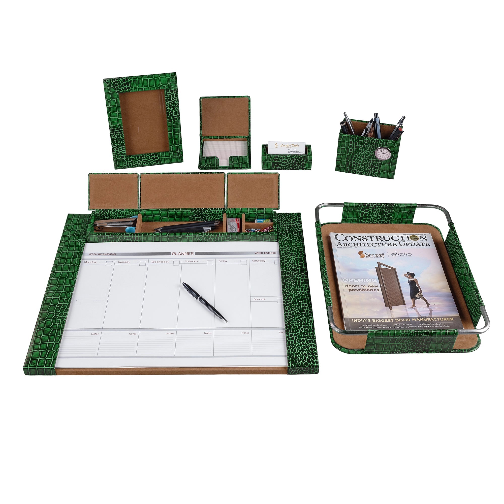 Desktop Planner Set I | Office Table Accessories| Croco Embossed Genuine Leather | Color- Green Leather Talks
