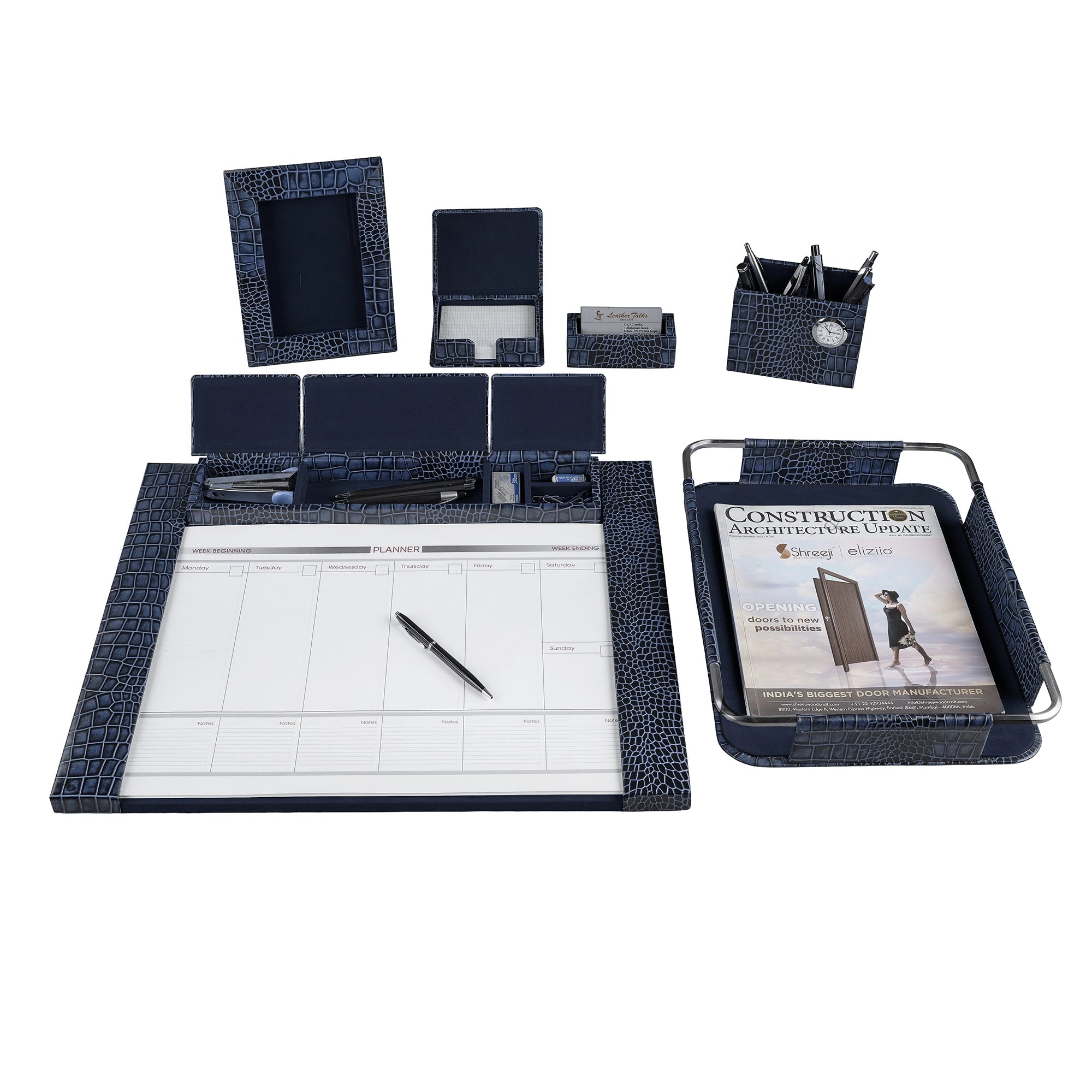 Corporate New Year Gift | Desktop Planner Set I | Office Table Accessories | Croco Embossed Genuine Leather | Color- Blue Leather Talks