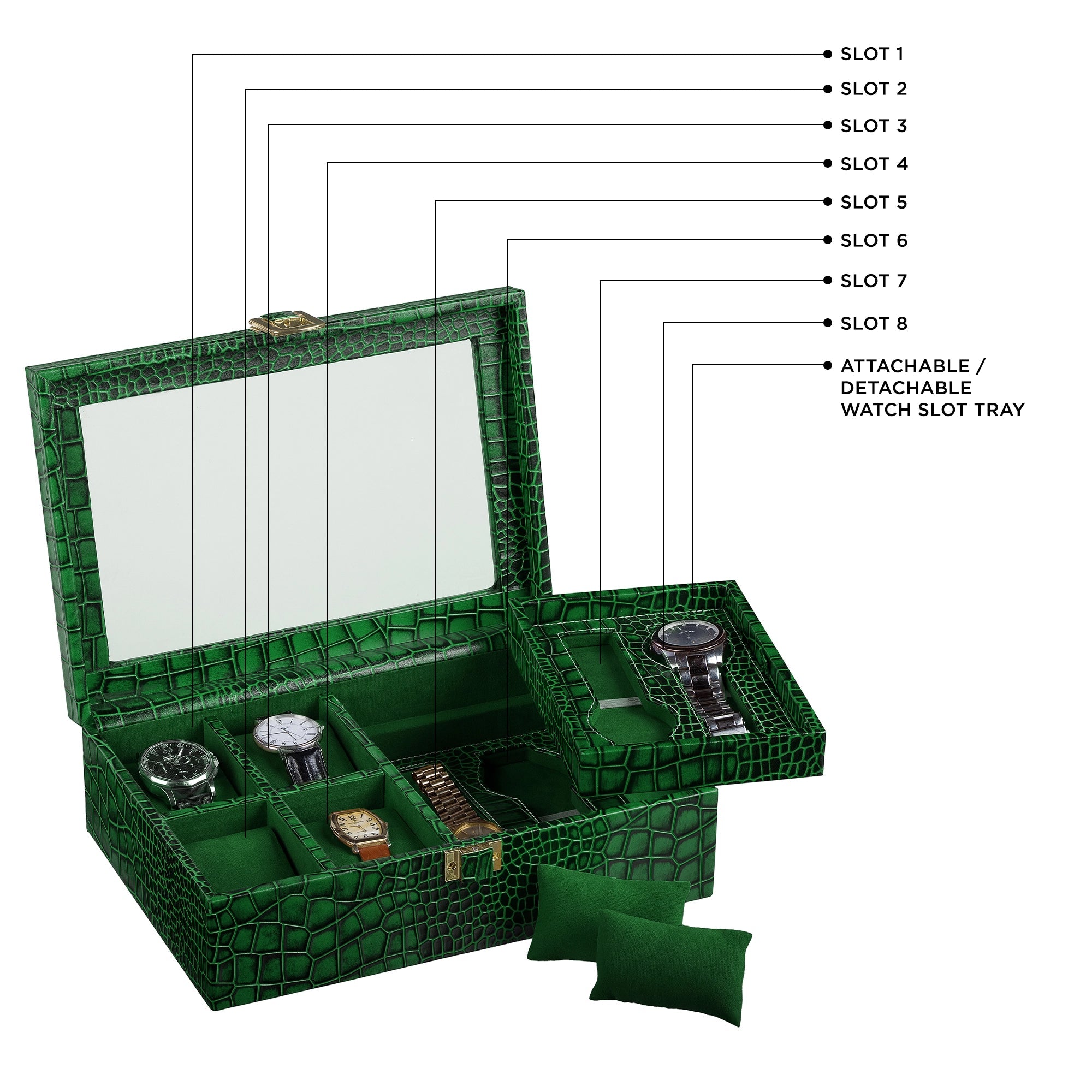 Galio Leather Watch Box For Men | Genuine Leather Watch Box for Men | Can Hold 6 Watches | Acrylic Top | Color: Croco Green Leather Talks