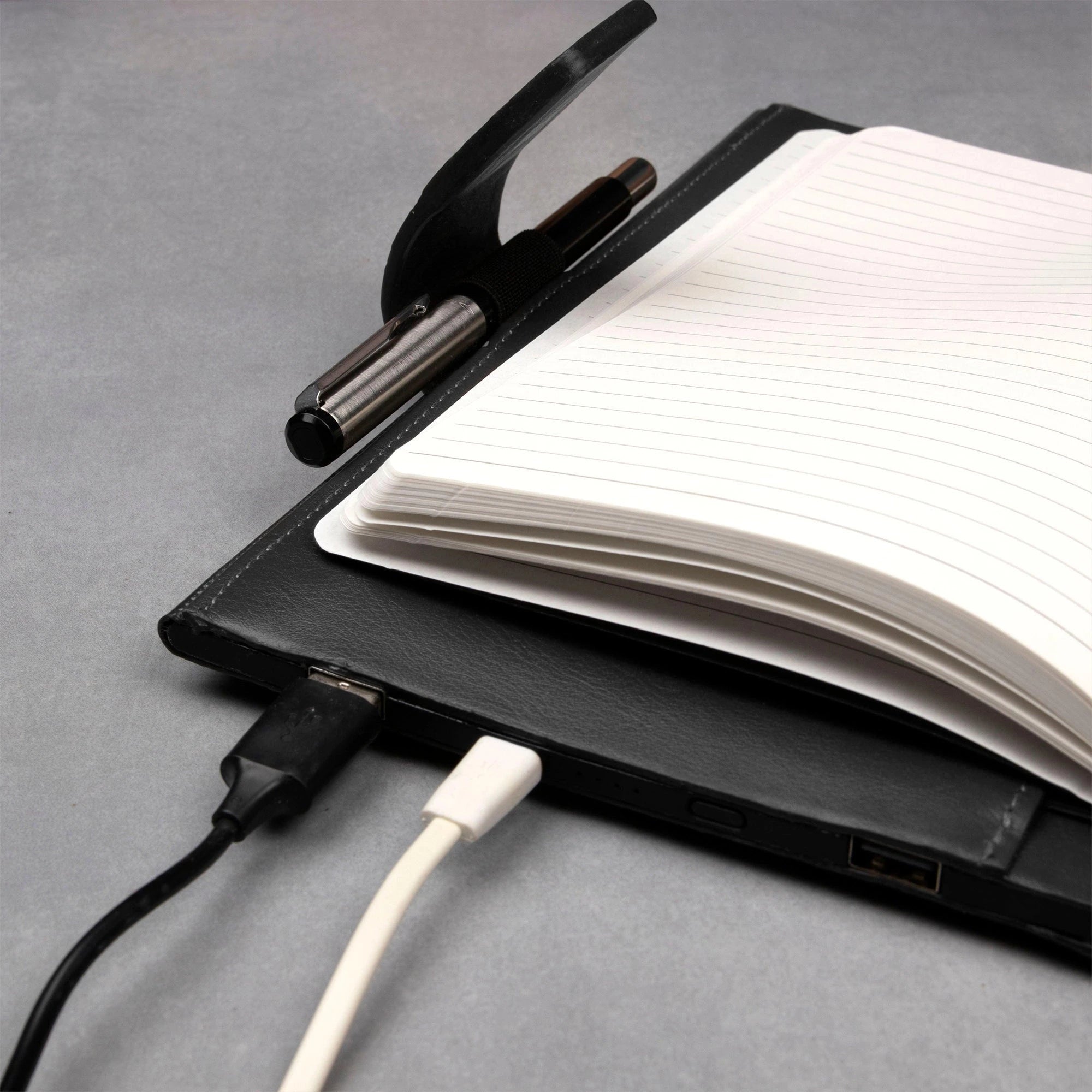 LT Smart Leather Notebook with Power Bank (5000 mAh) | Diary with Power Bank | Color: Italian VT Stripe Grey LeatherTalks