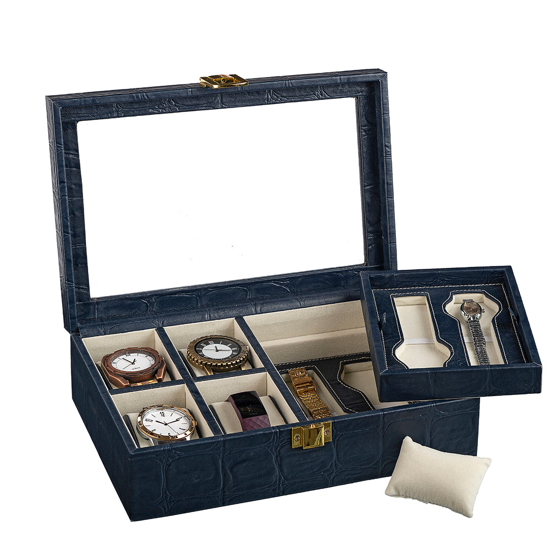 Galio Leather Watch Box / Case | 100% Genuine Leather | Can Hold 8 Watches | Acrylic Glass Top | Color: Crocotail Blue & Brown Leather Talks