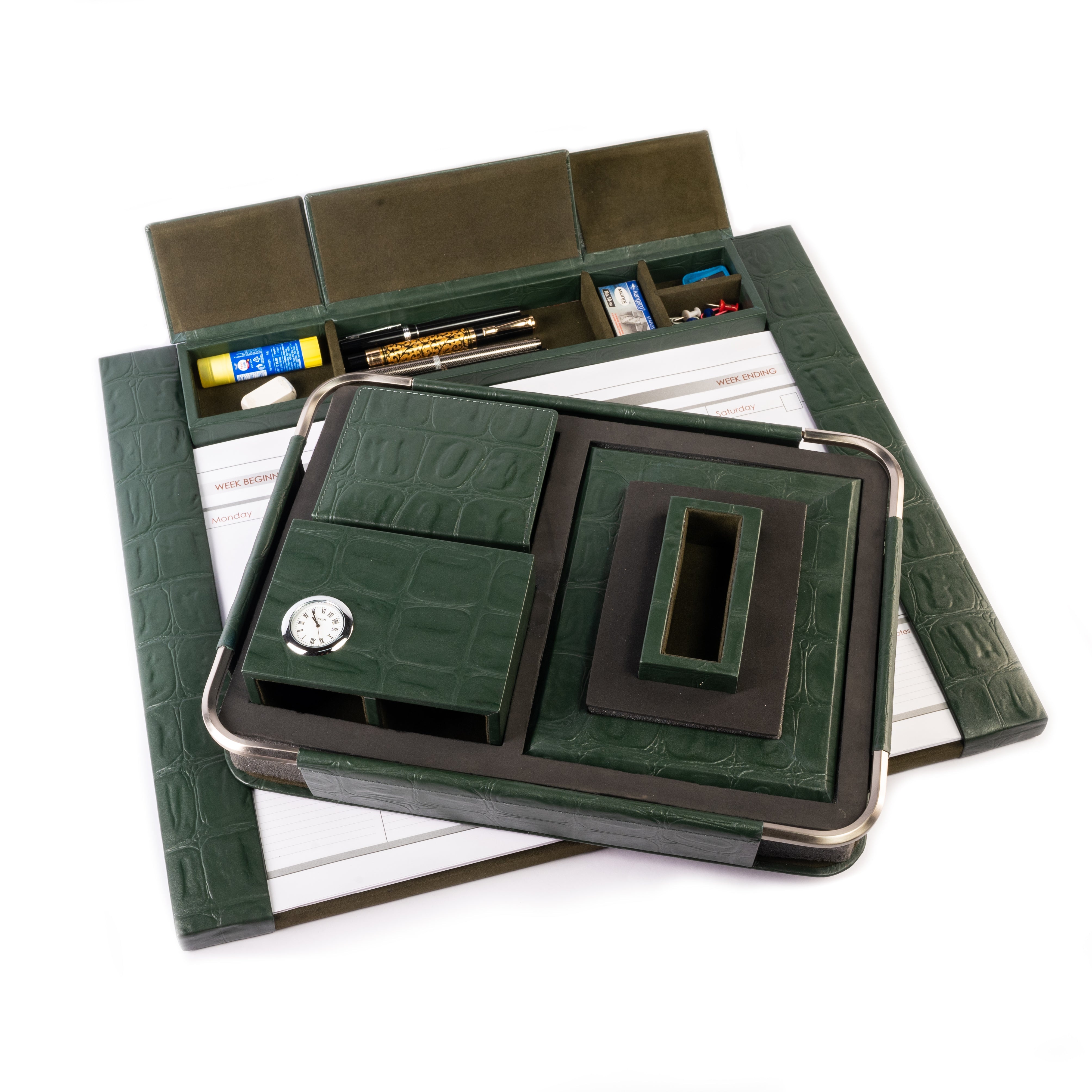 Desktop Planner Set I | Office Table Accessories | Croco Embossed Genuine Leather | Color- Green Leather Talks