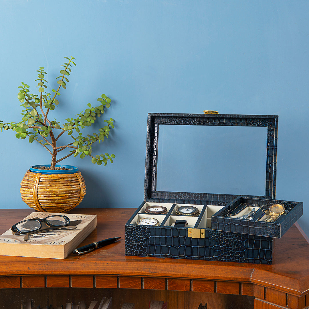 Galio Leather Watch Box / Case | 100% Genuine Leather | Can Hold 8 Watches | Acrylic Glass Top | Color: Croco Blue Leather Talks