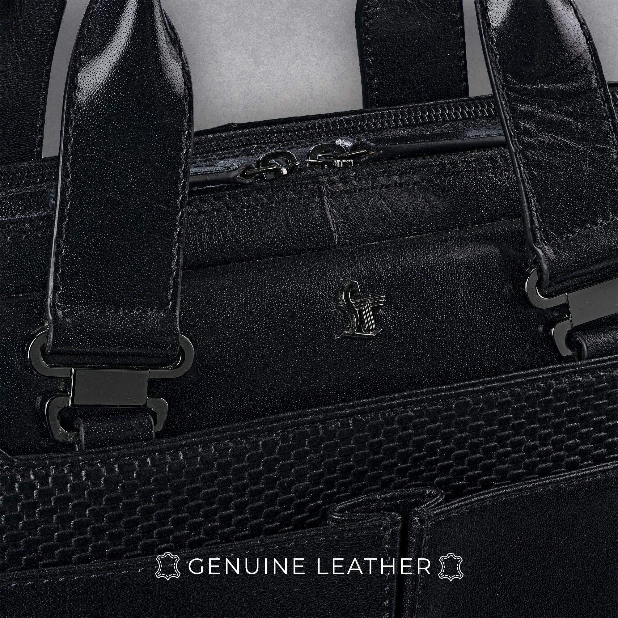 Fortune Series | Leather Portfolio Bag for Men | Double Zipper Laptop Bag | 100% Genuine Leather | Color: Black