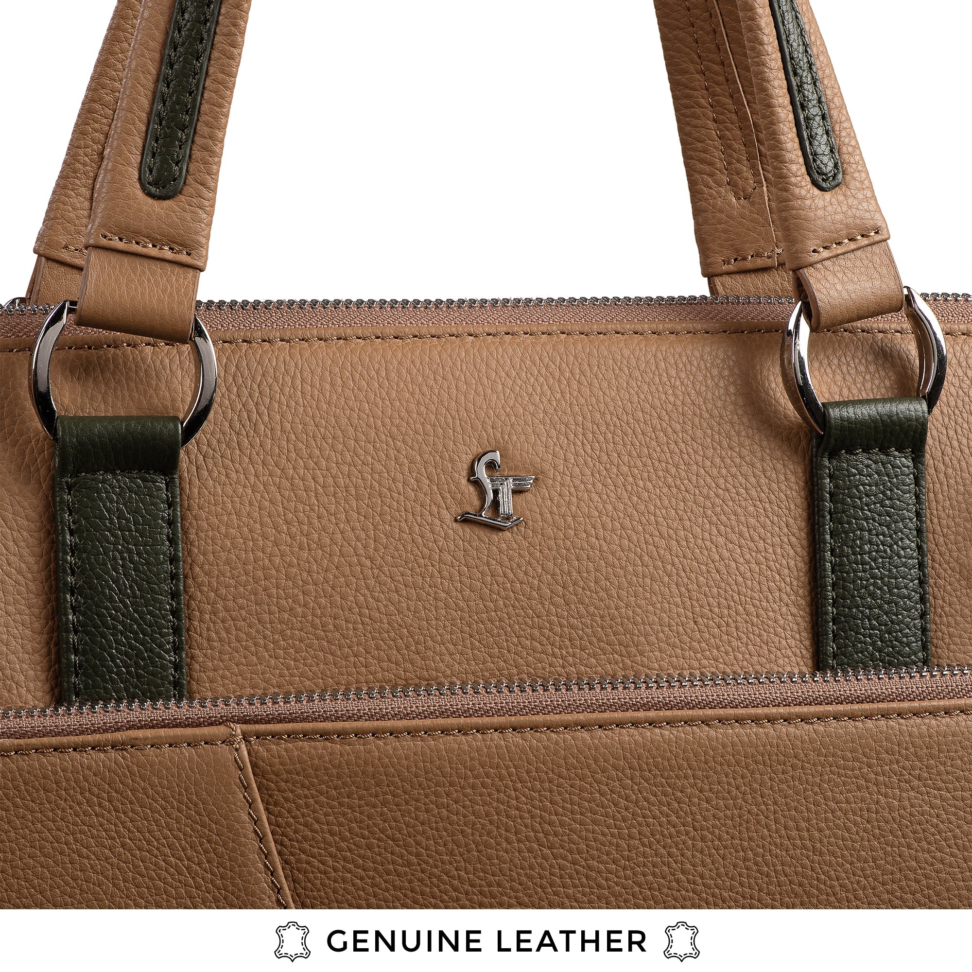 Close-up of genuine leather texture and metal logo on premium men’s office folio bag.