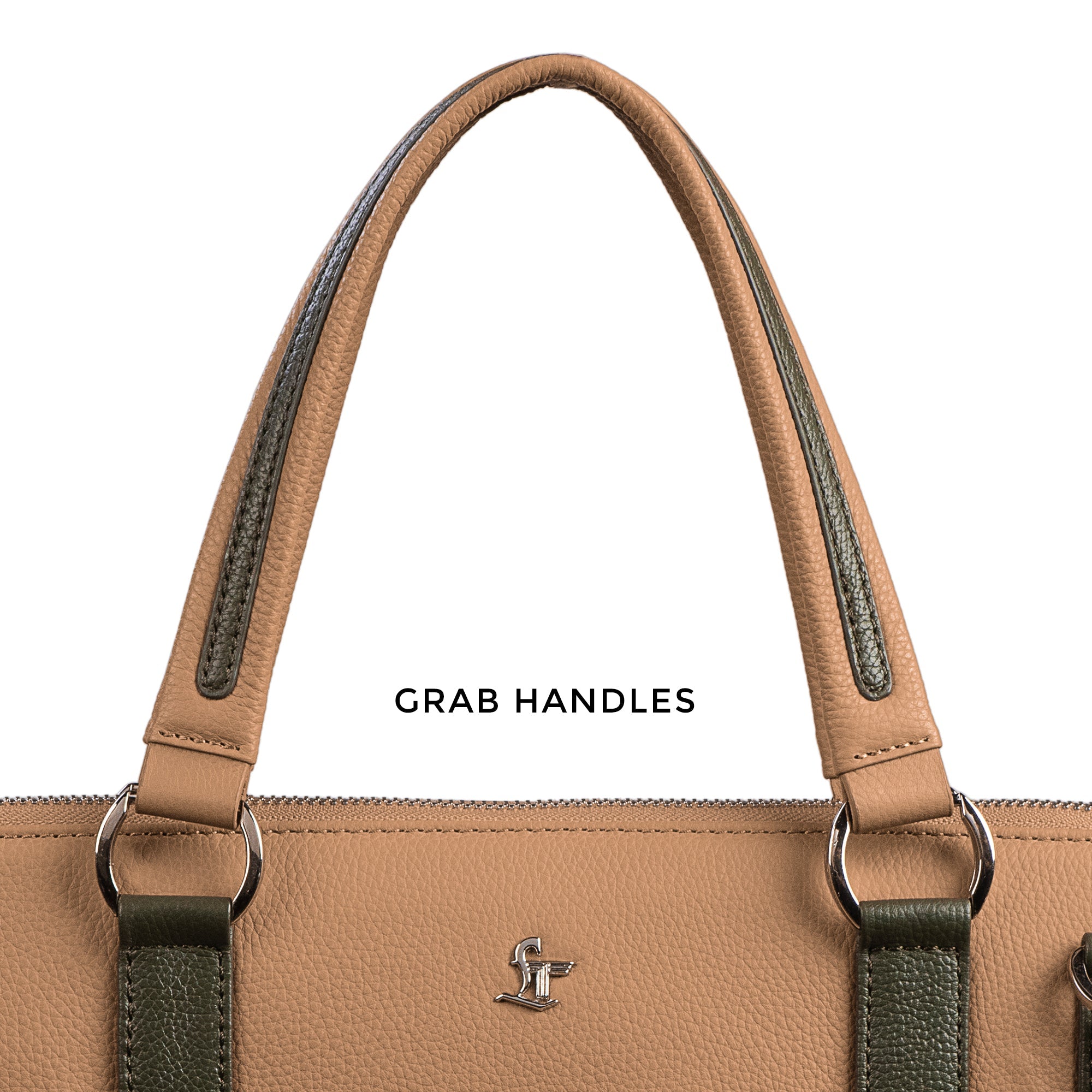 Close-up of sturdy grab handles on genuine leather folio bag for men – premium office bag design.