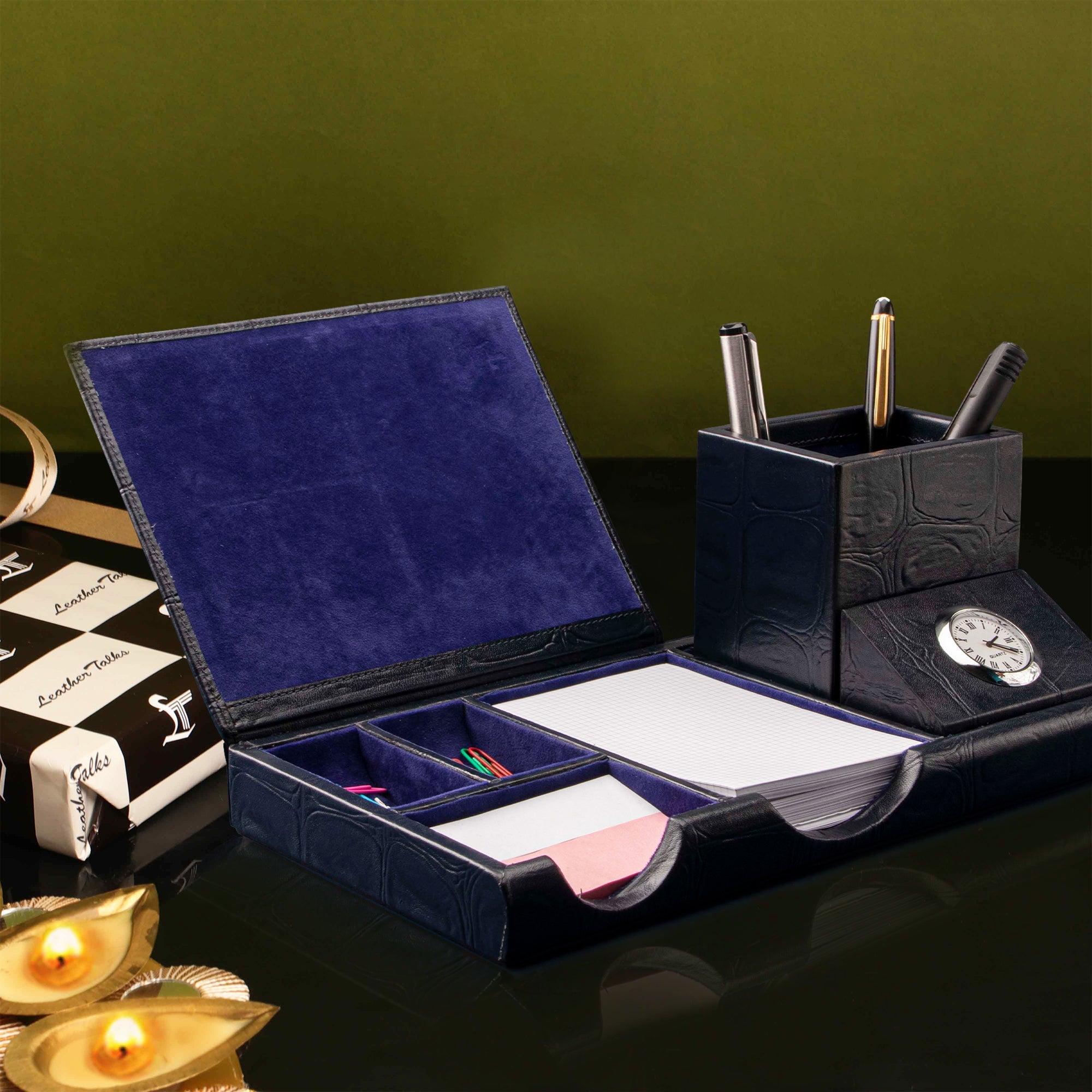Luxury Corporate Diwali Gift | Desktop Accessory Set I | Luxury Leather Work Desk Accessories | Leather Desk Organizer | Accessories For Office Desk | - Crocotail Blue LeatherTalks