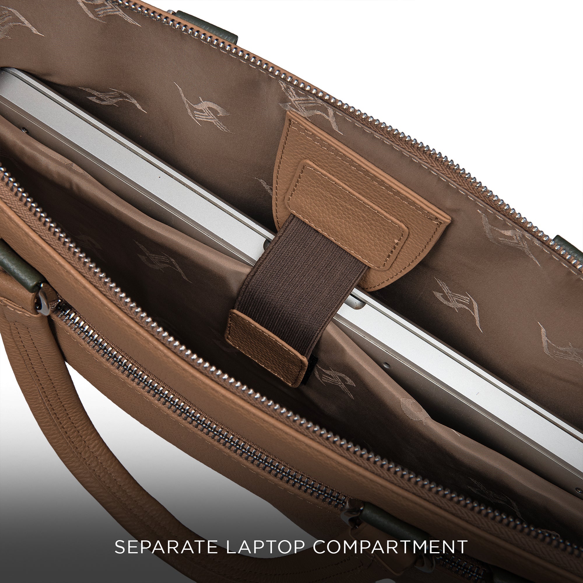 Dedicated laptop compartment with secure strap inside premium leather office folio bag for men.