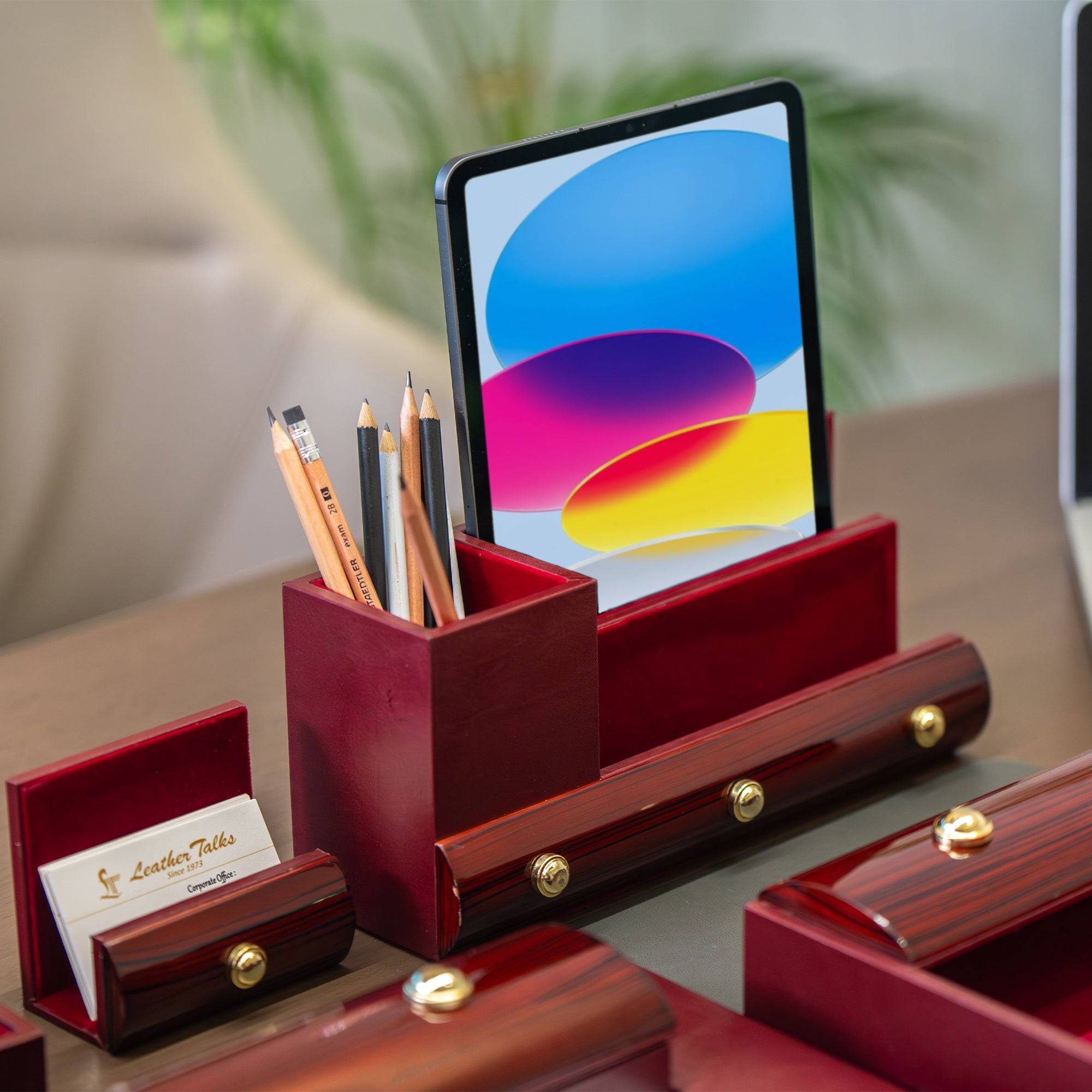 Wood Leather Desktop Organizer for Office – Stylish organizer for your desk made from wood and leather