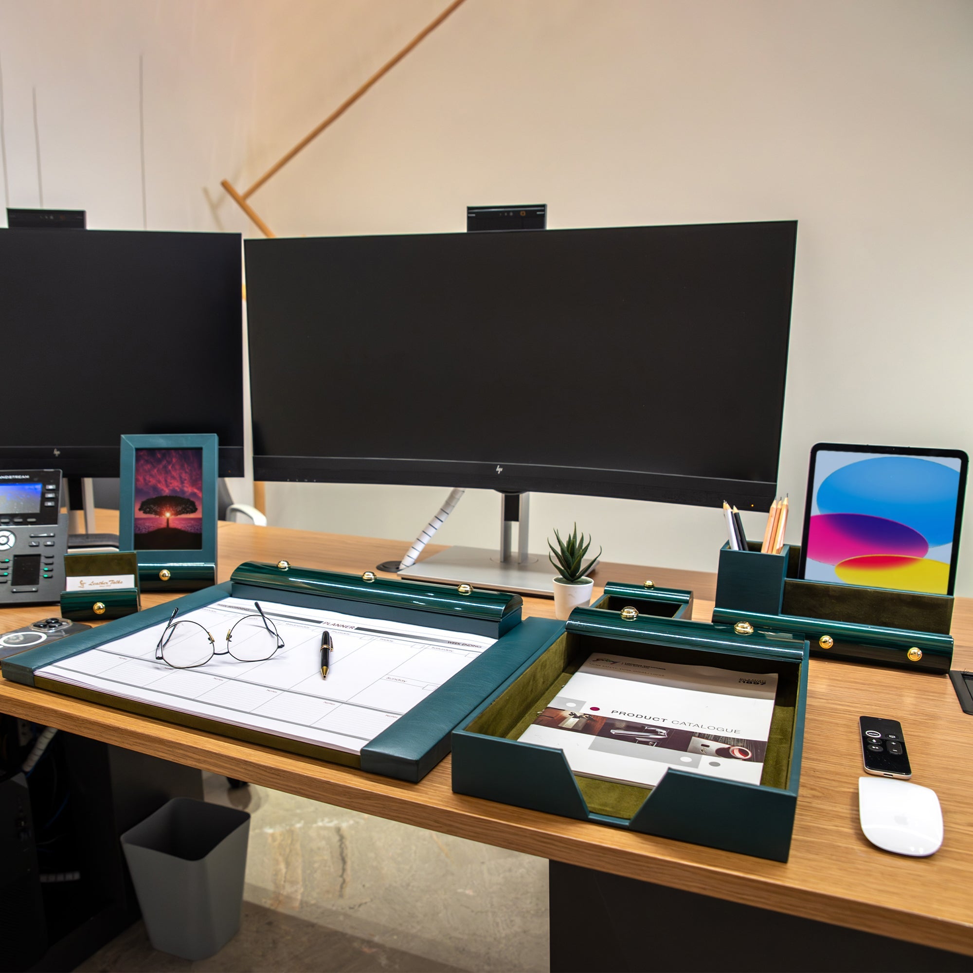 Wood Leather Desktop Organizer for Office Desk – Elegant and functional organizer to keep your workspace tidy and stylish.