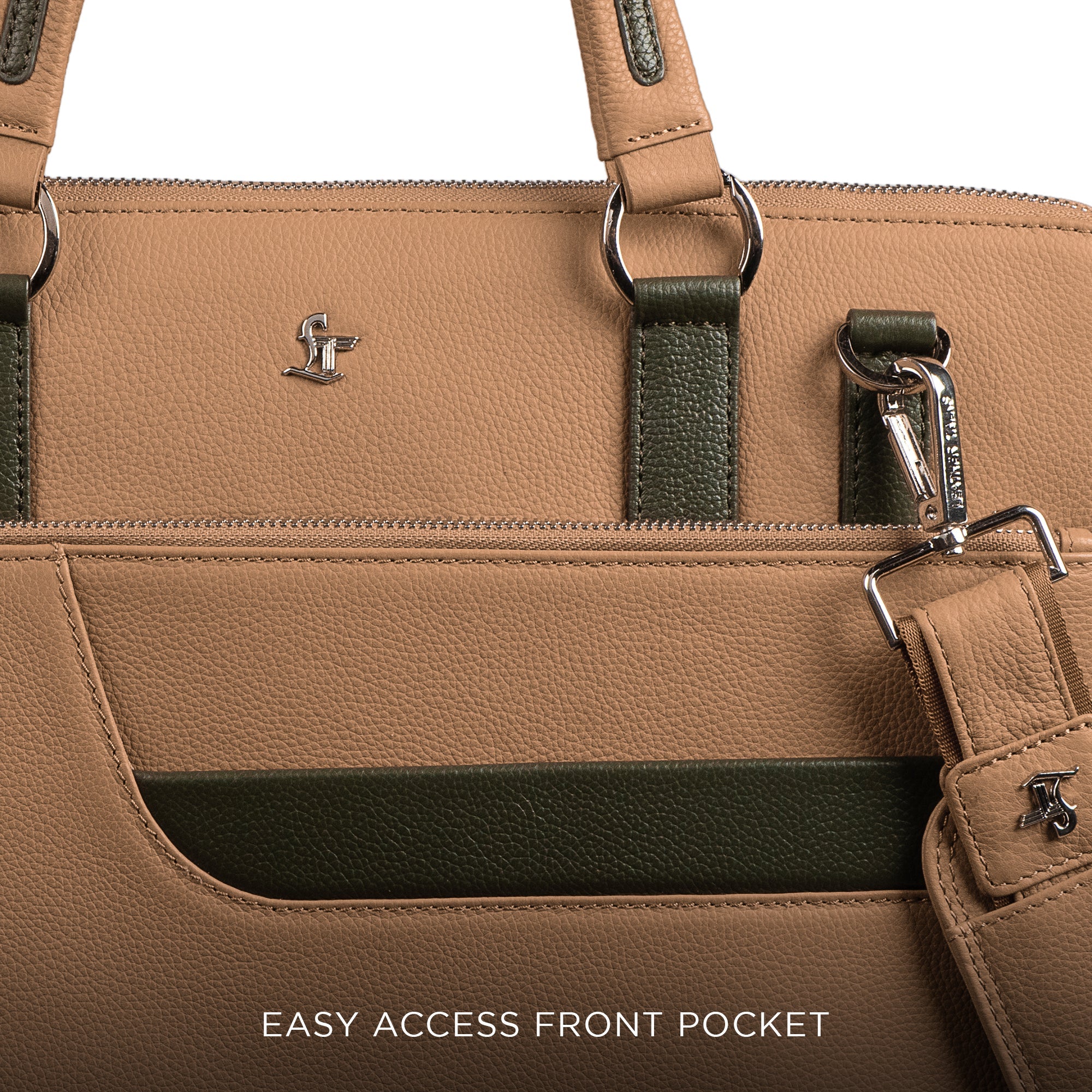 Easy-access front pocket on tan genuine leather folio bag for men – office bag with quick-storage slot.
