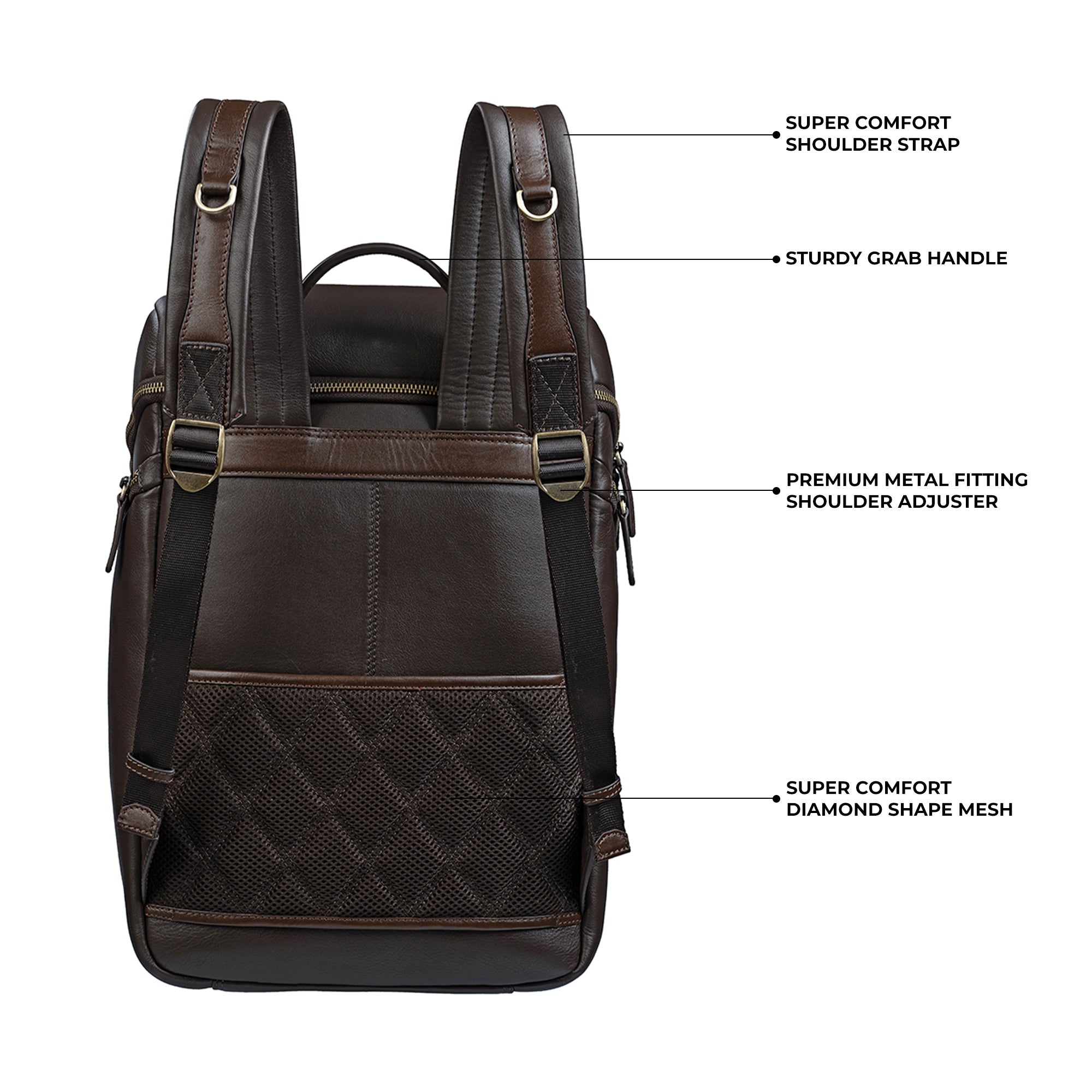 Super comfortable shoulder strap with a premium metal shoulder adjuster and diamond-shaped mesh padding, offering enhanced comfort and support on a genuine leather backpack for men.
