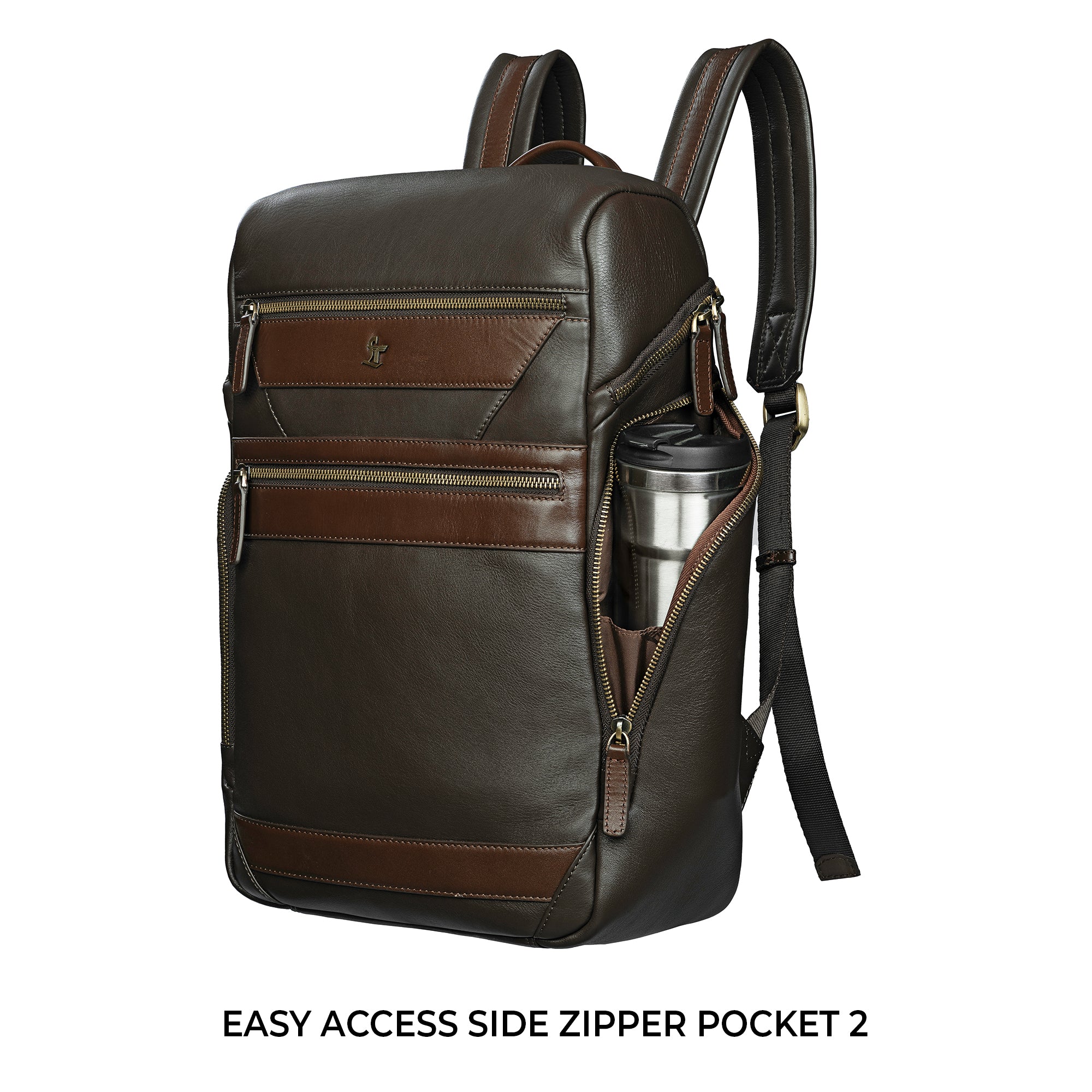 Genuine leather travel backpack for men, with spacious compartments and finish.