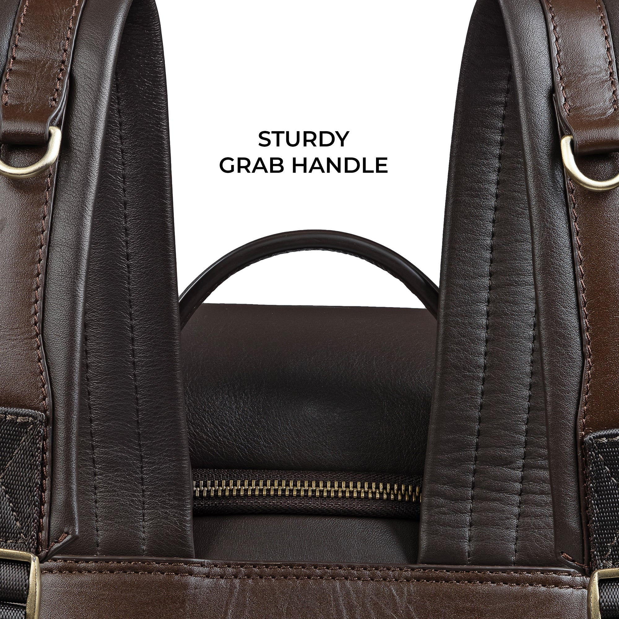 Sturdy grab handle on the top of a genuine leather backpack for men, designed for easy and comfortable carrying.