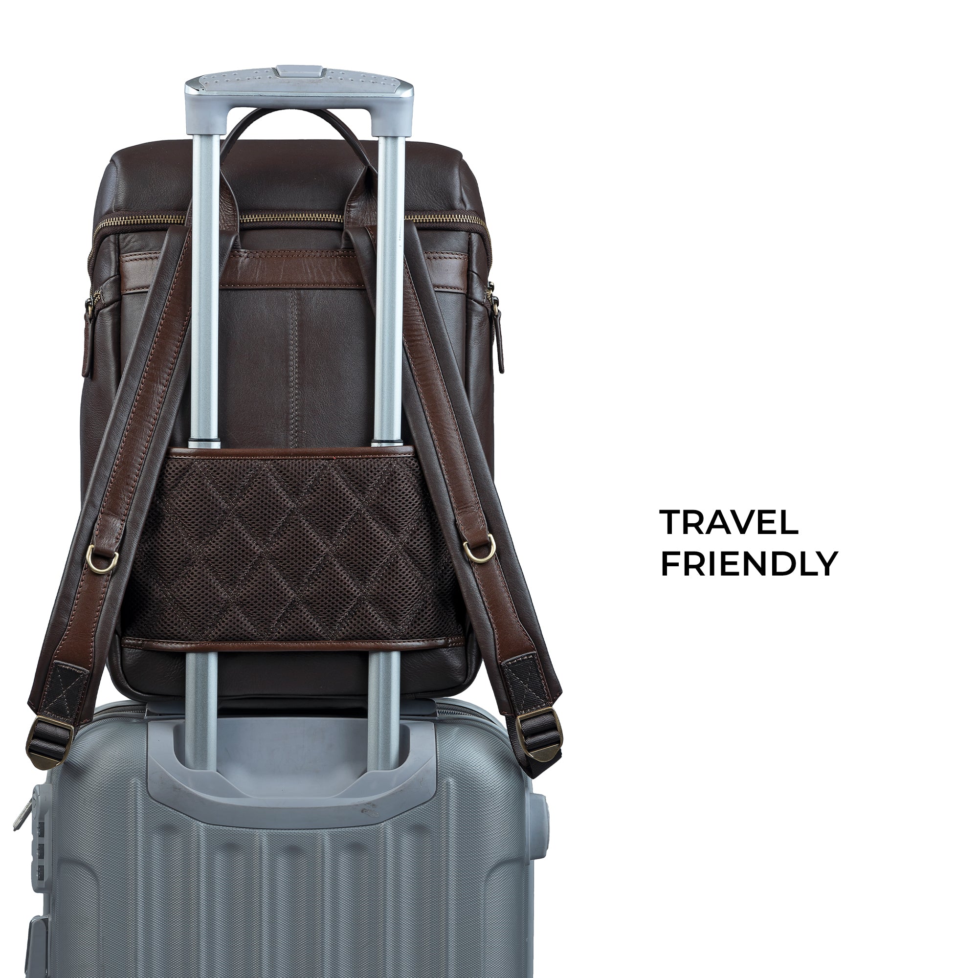 Close-up of the trolley strap on a genuine leather backpack for men, designed for easy attachment to luggage handles, offering added convenience for travel.