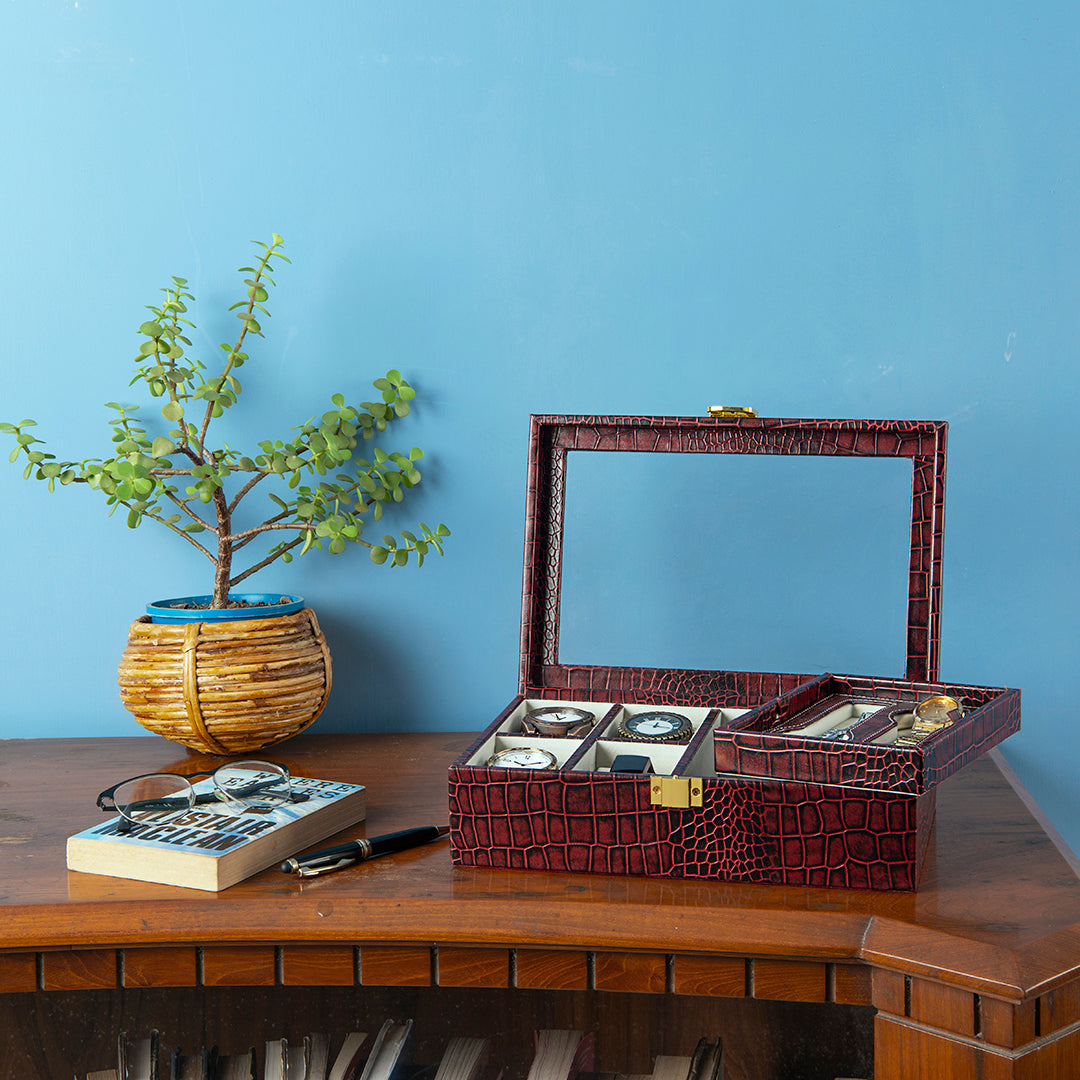 Galio Leather Watch Box / Case | 100% Genuine Leather | Can Hold 8 Watches | Acrylic Glass Top | Color: Croco Red Leather Talks