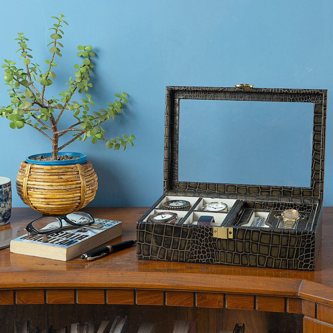 Galio Leather Watch Box For Men | 100% Genuine Leather | Can Hold 6 Watches | Acrylic Top | Color: Green