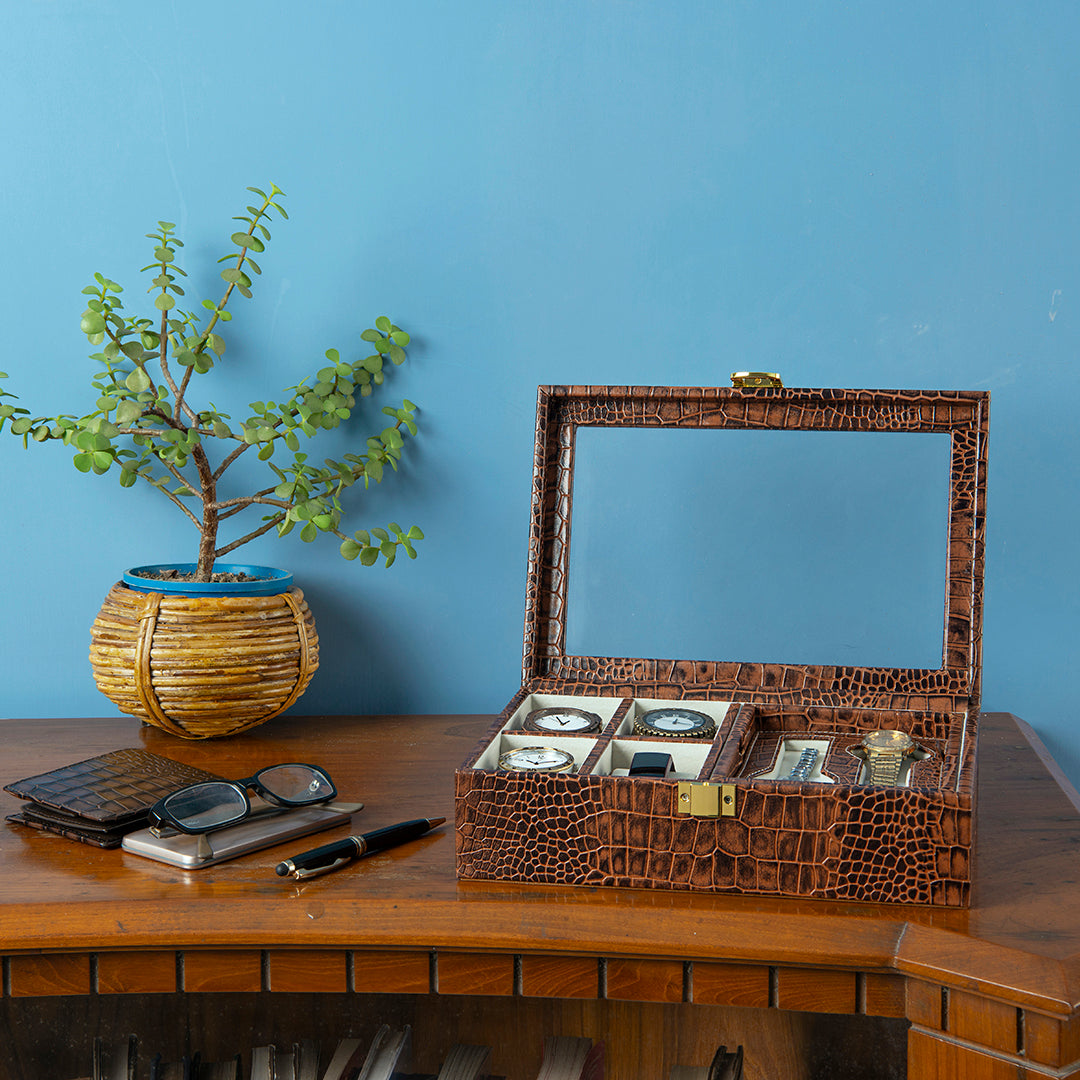 Galio Leather Watch Box / Case | 100% Genuine Leather | Can Hold 8 Watches | Acrylic Glass Top | Color: Croco Tan Leather Talks