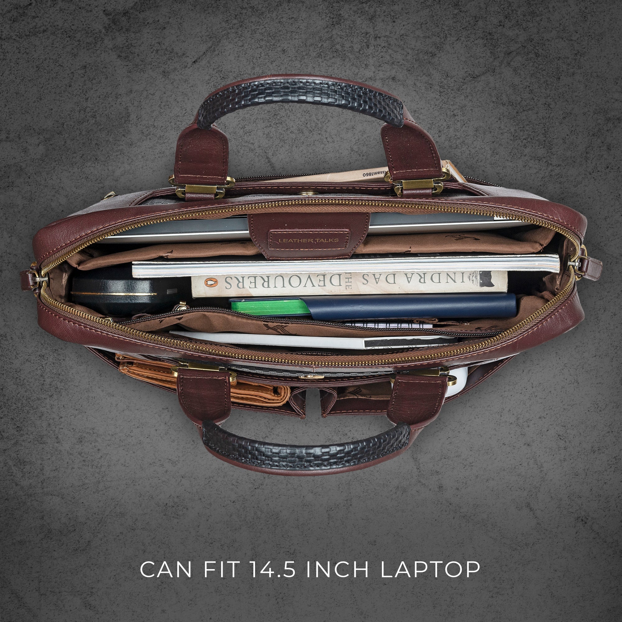 Fortune Series | Leather Portfolio Bag for Men | Single Zipper Laptop Bag | 100% Genuine Leather | Color: Brown