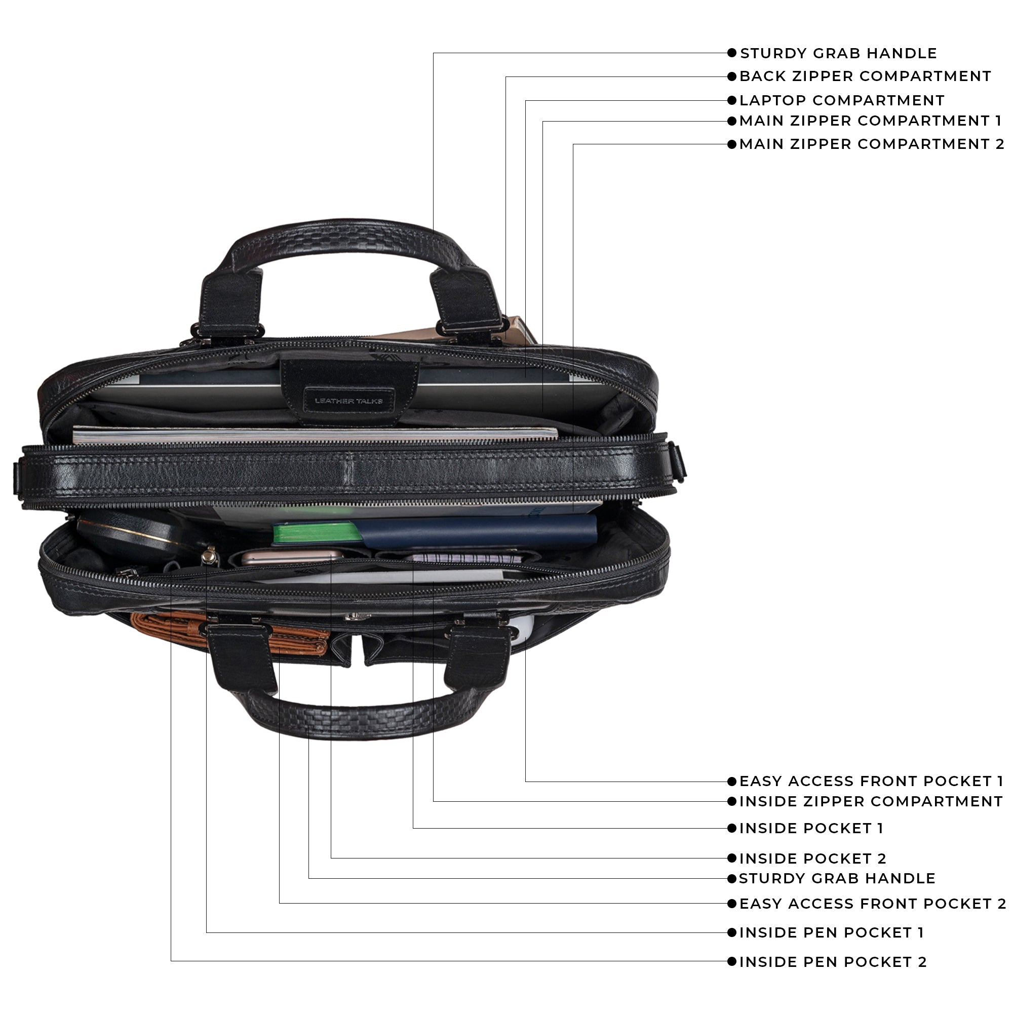 Fortune Series | Leather Portfolio Bag for Men | Double Zipper Laptop Bag | 100% Genuine Leather | Color: Black