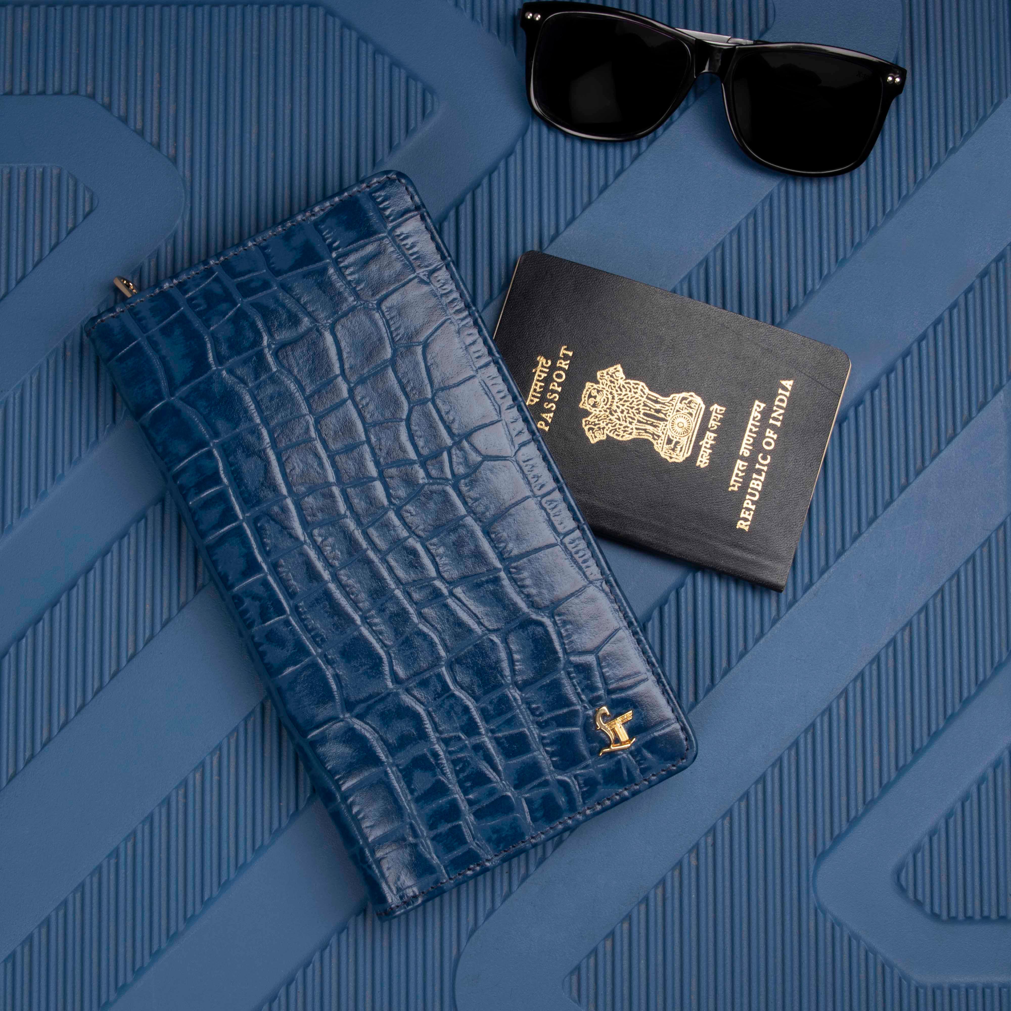 Full Zip Leather Passport Holder | 100% Genuine Leather | Color: Blue