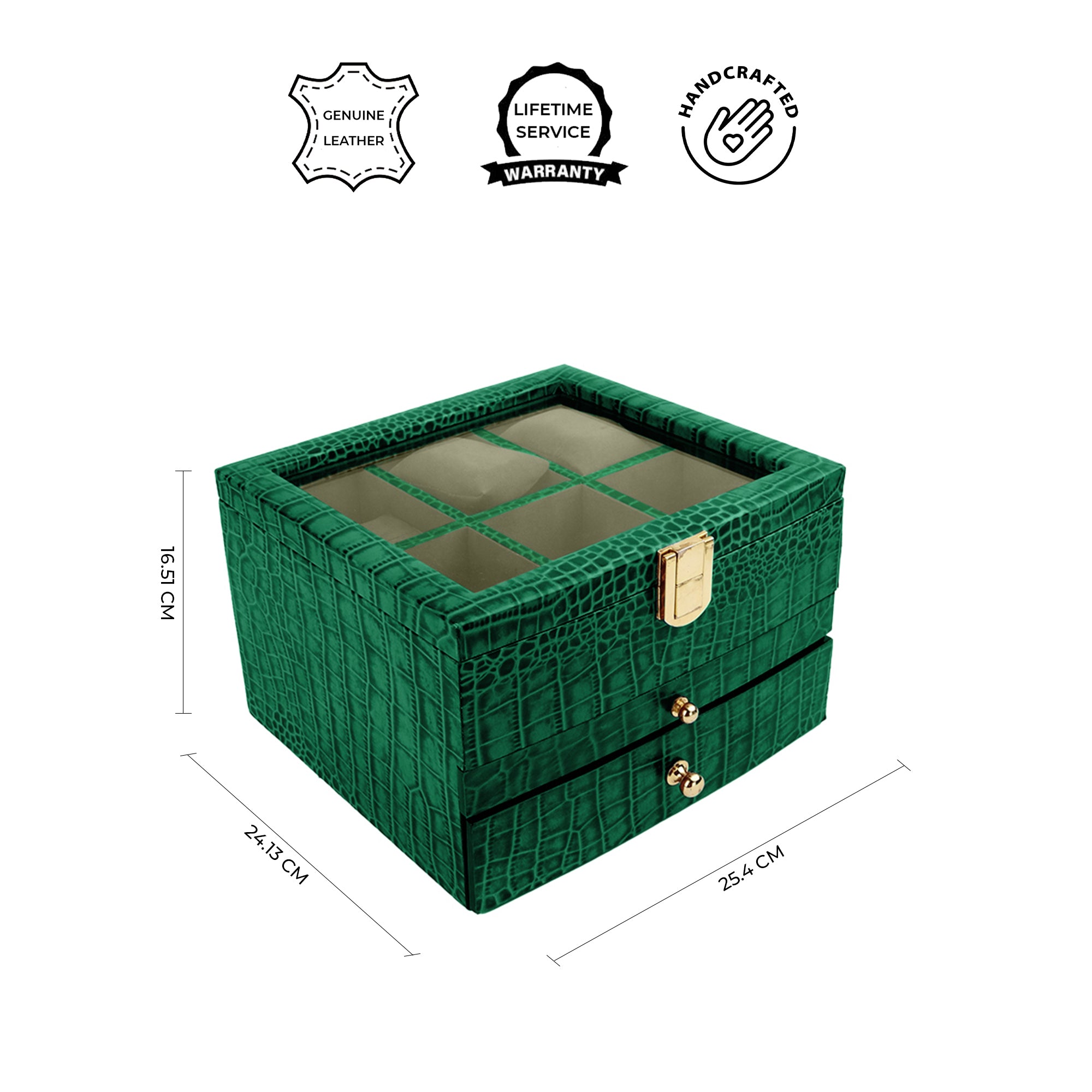 Men’s wristwatch case with velvet lining, 6 watch slots, 10-pen compartment, and valet tray for daily essentials.