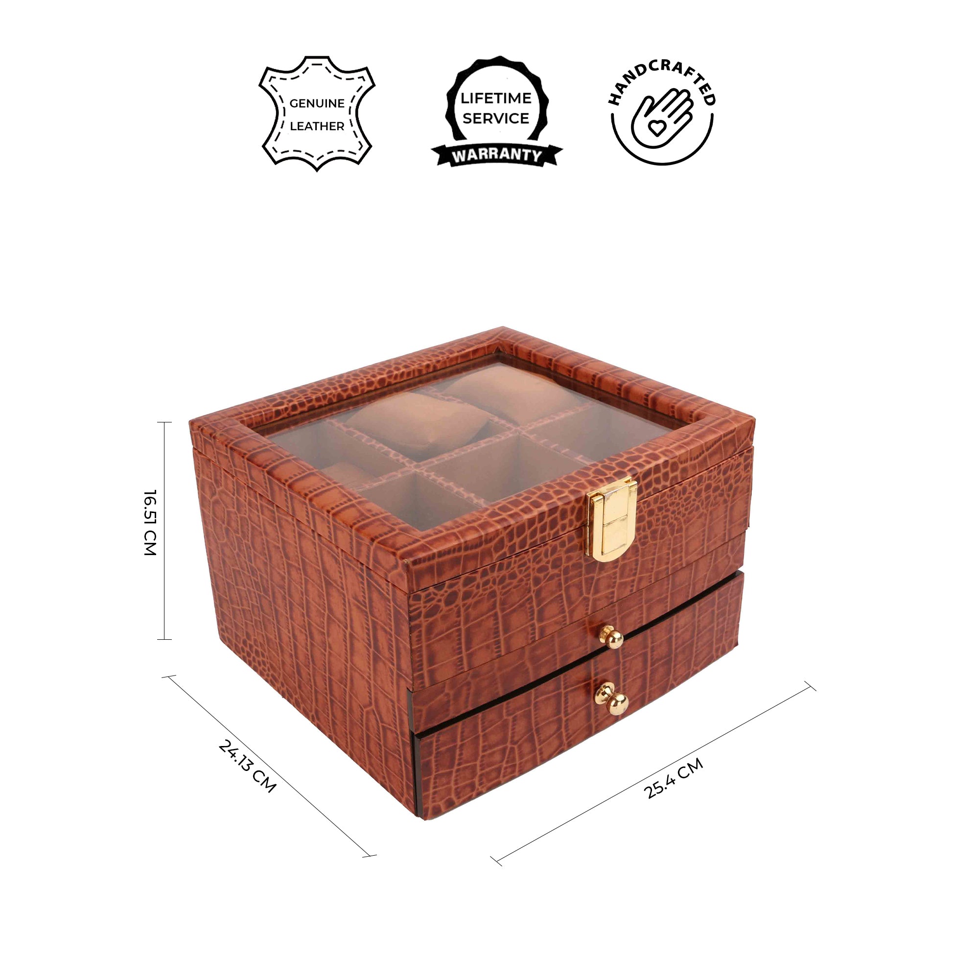 Triple-compartment men’s watch and accessory organizer with velvet-lined slots for watches, pens, and wallet.