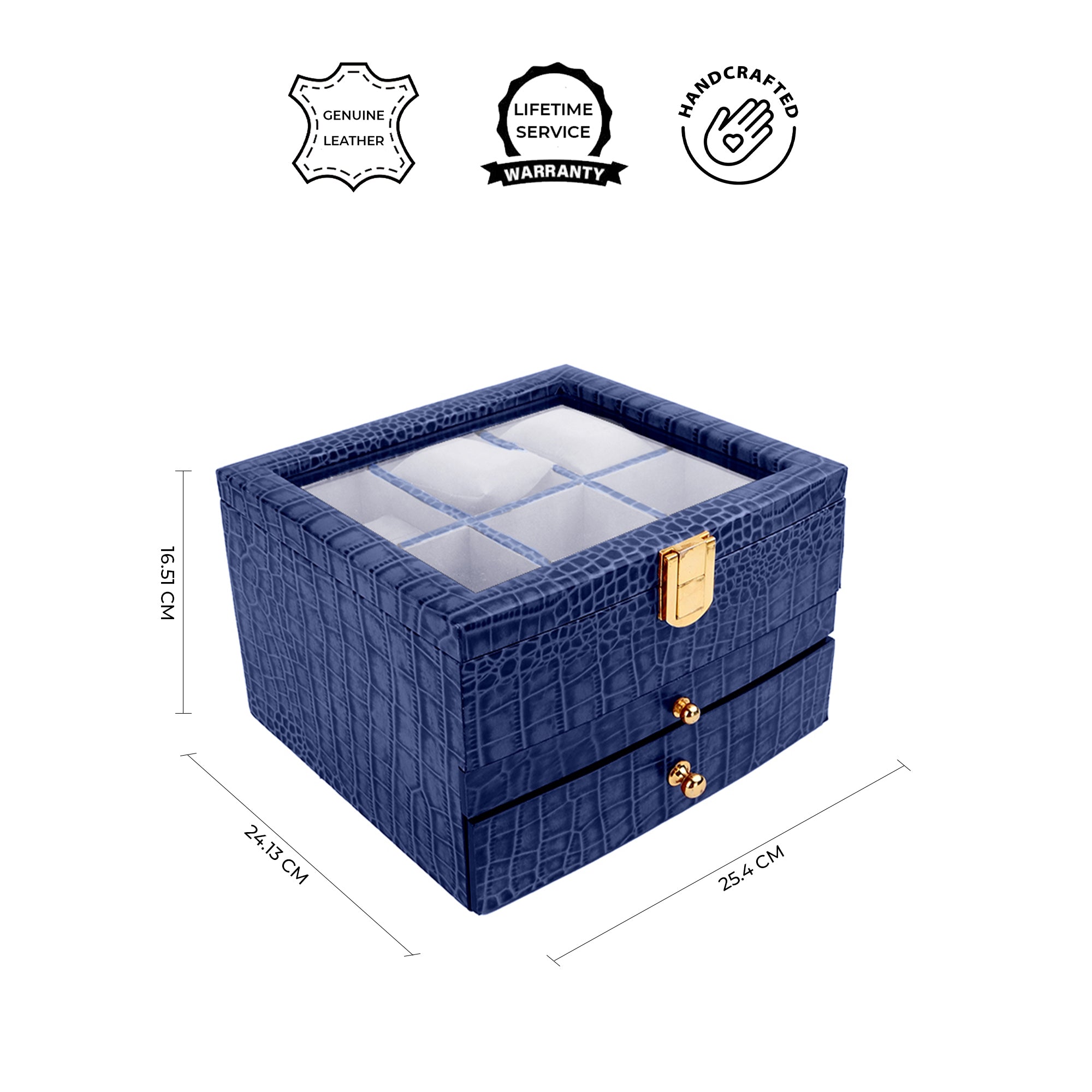 Triple-compartment men’s watch and accessory organizer with velvet-lined slots for watches, pens, and wallet.