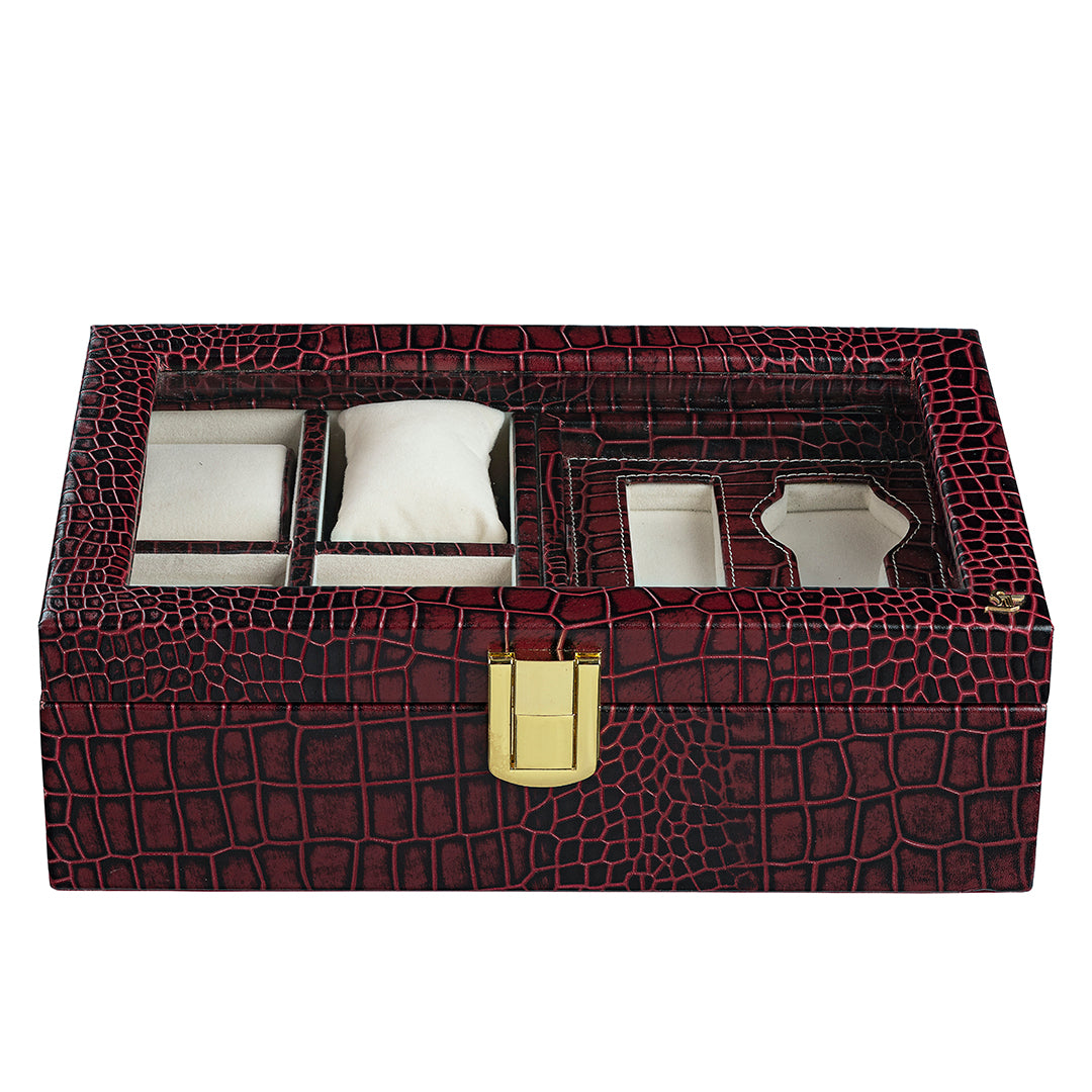 Galio Leather Watch Box For Men | 100% Genuine Leather | Can Hold 6 Watches | Acrylic Top | Color: Red