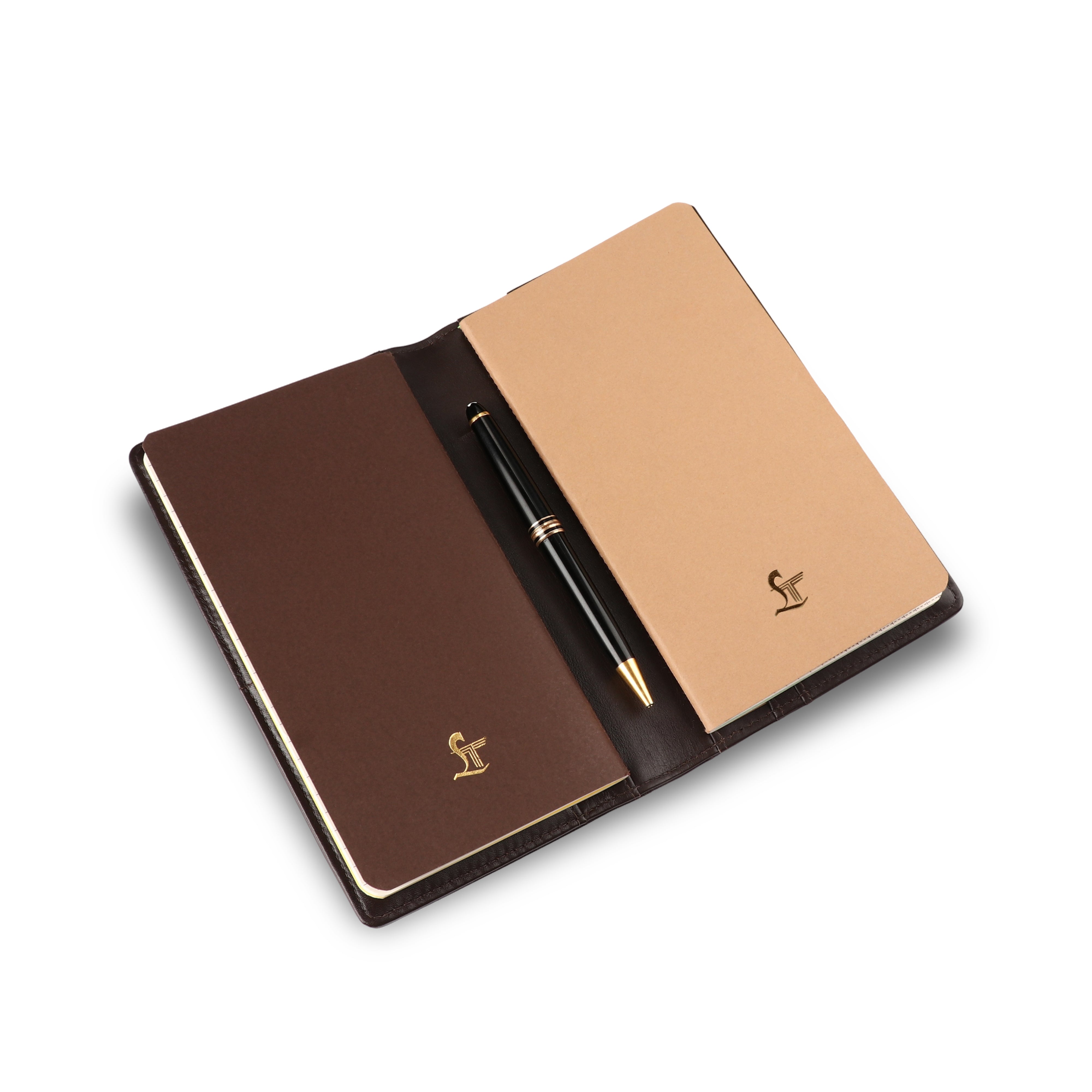Brown leather notebook with beige interior and a pen on a white background