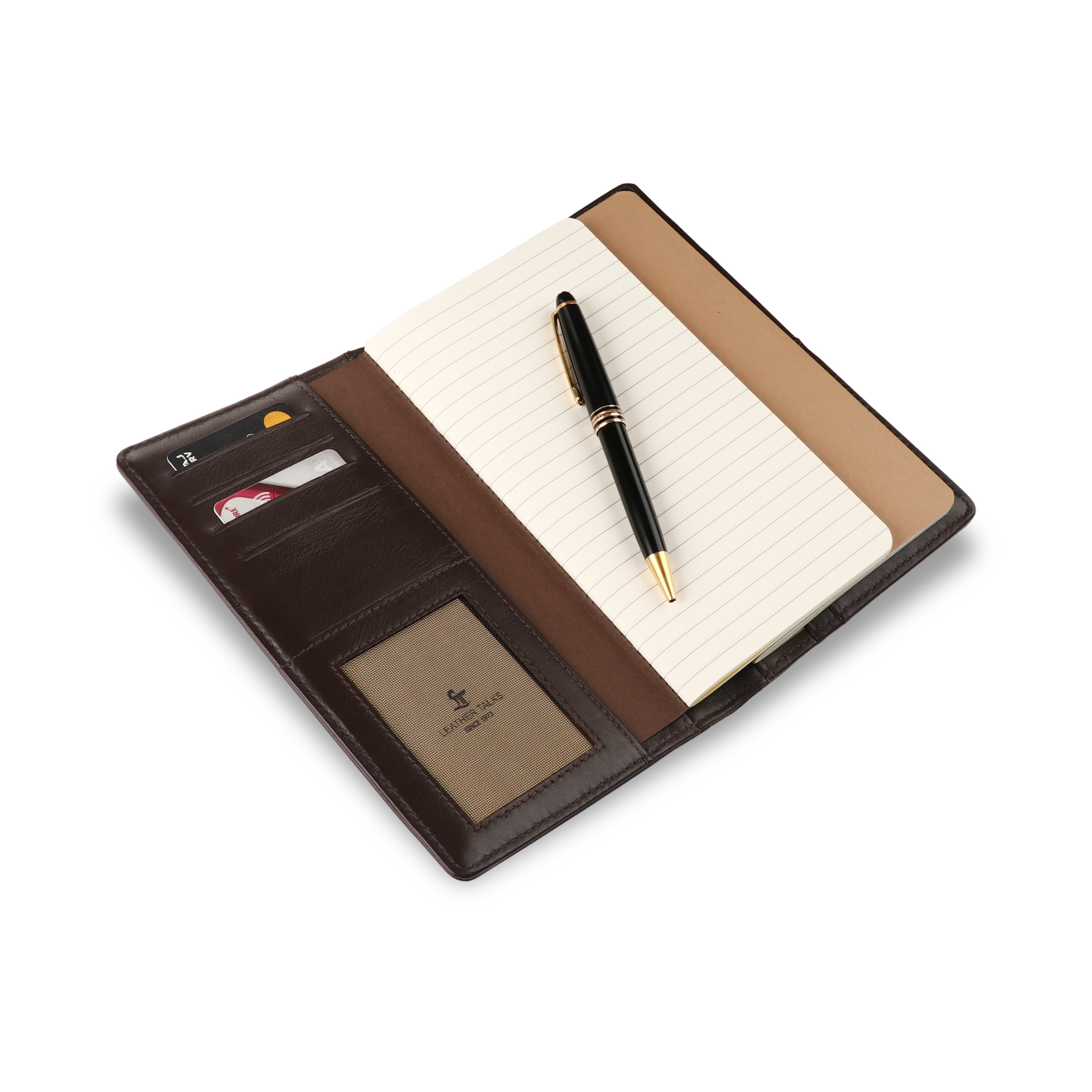 Brown leather notebook with pen and card holder on a white background