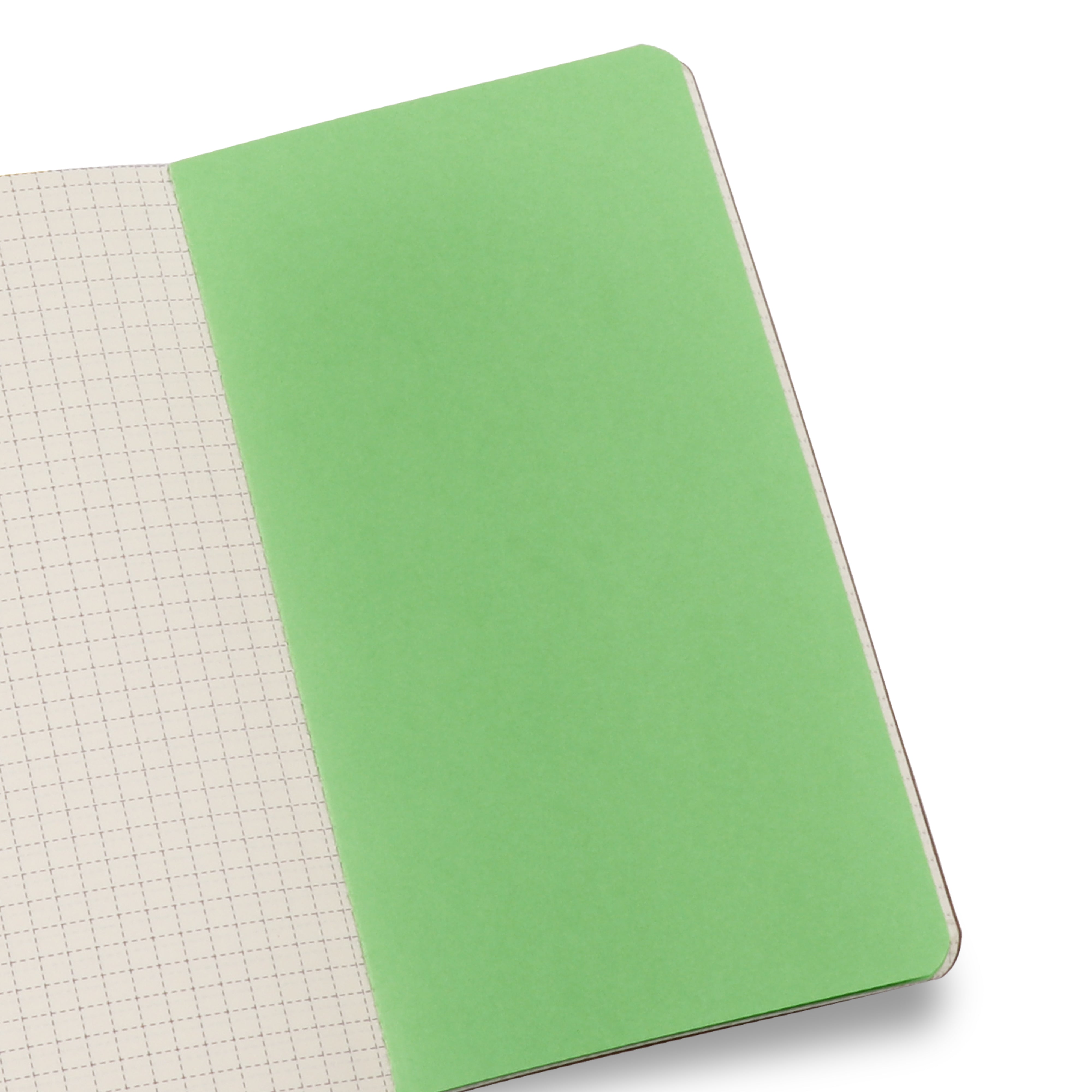 Green notebook with grid paper on a white background