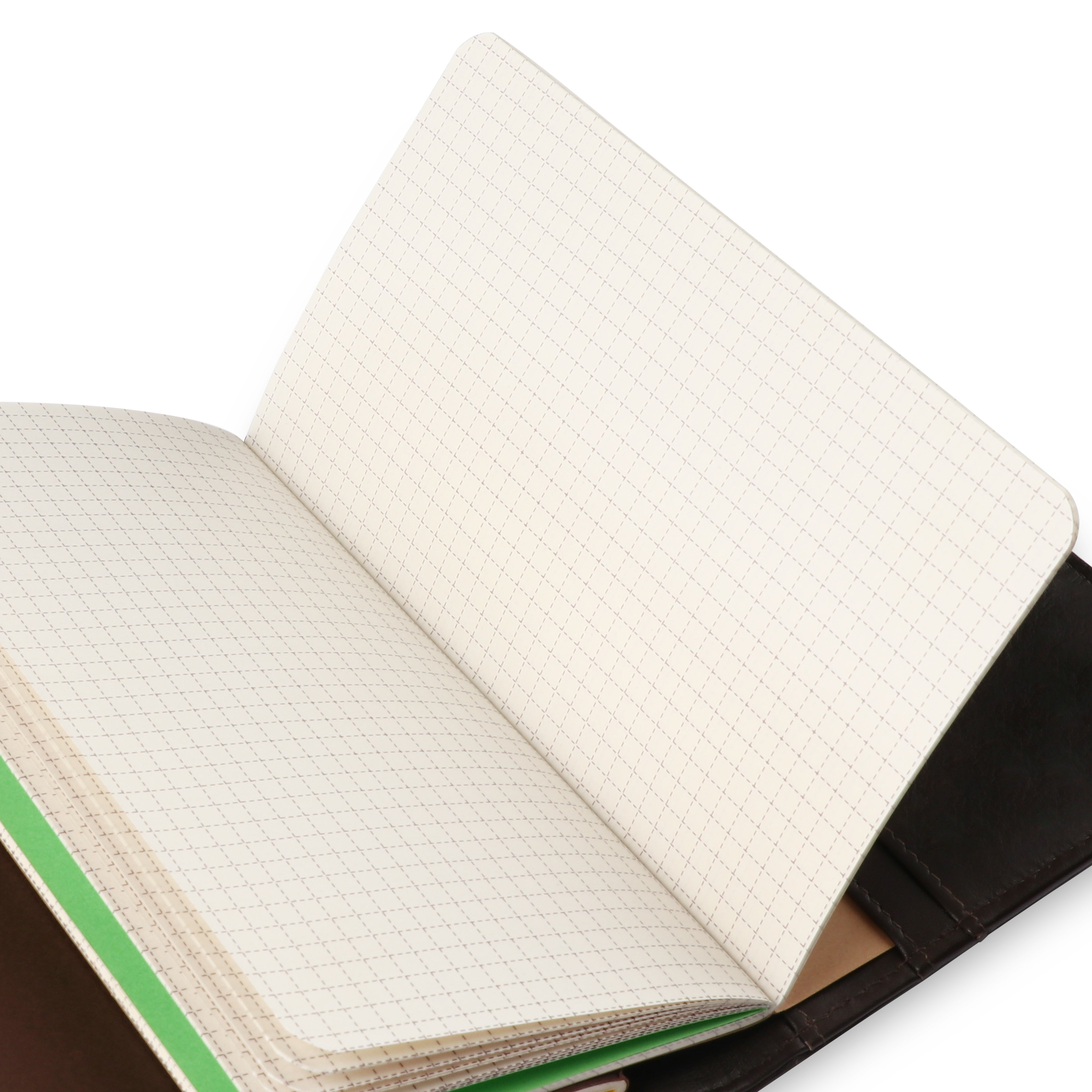Open notebook with grid paper on a white background