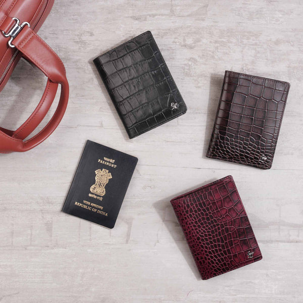Accord Croco Leather Passport Cover Color: Brown, Blue & Cherry