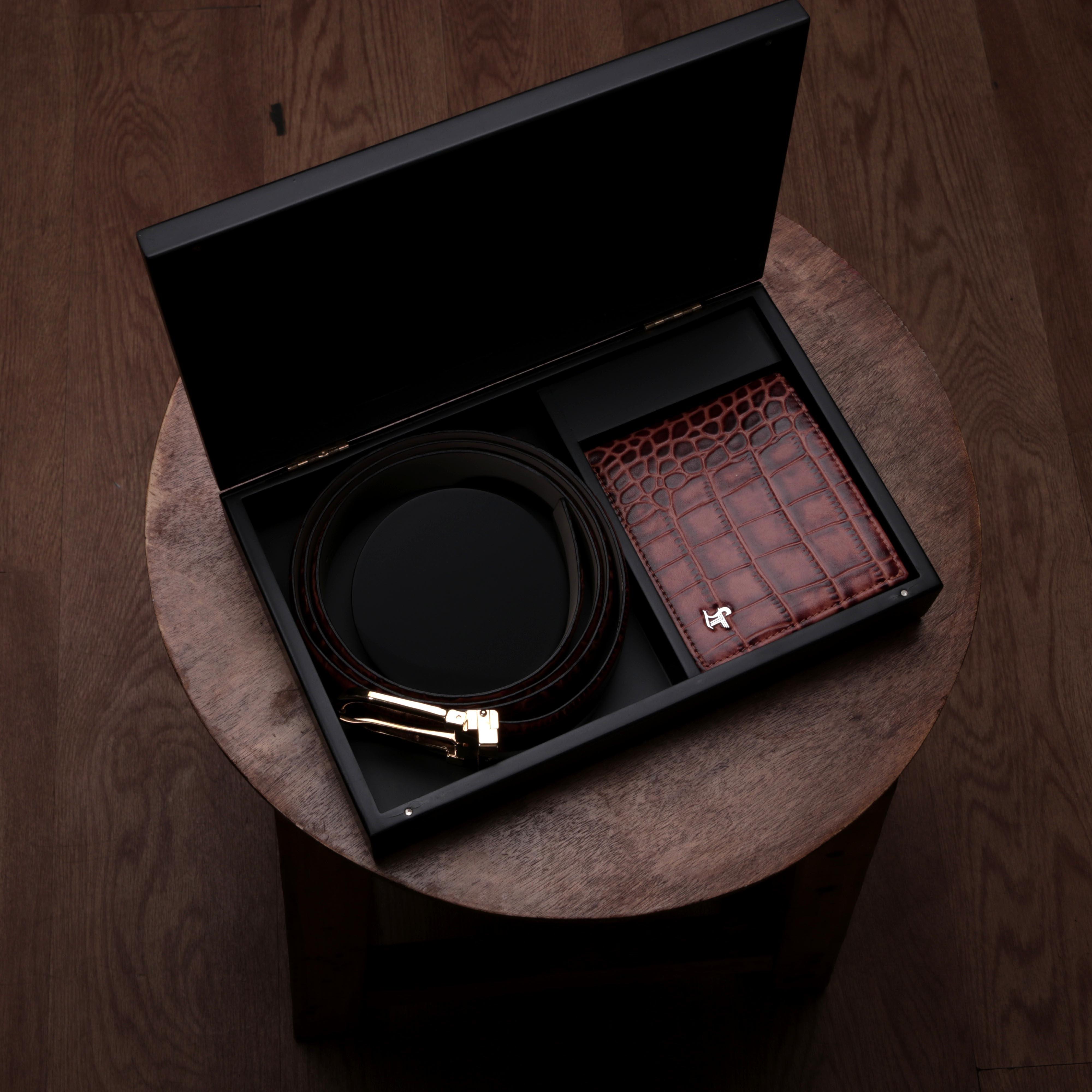 Premium Italian Croco Tan Wallet Belt Set with Wooden Gift Box - Leather Talks