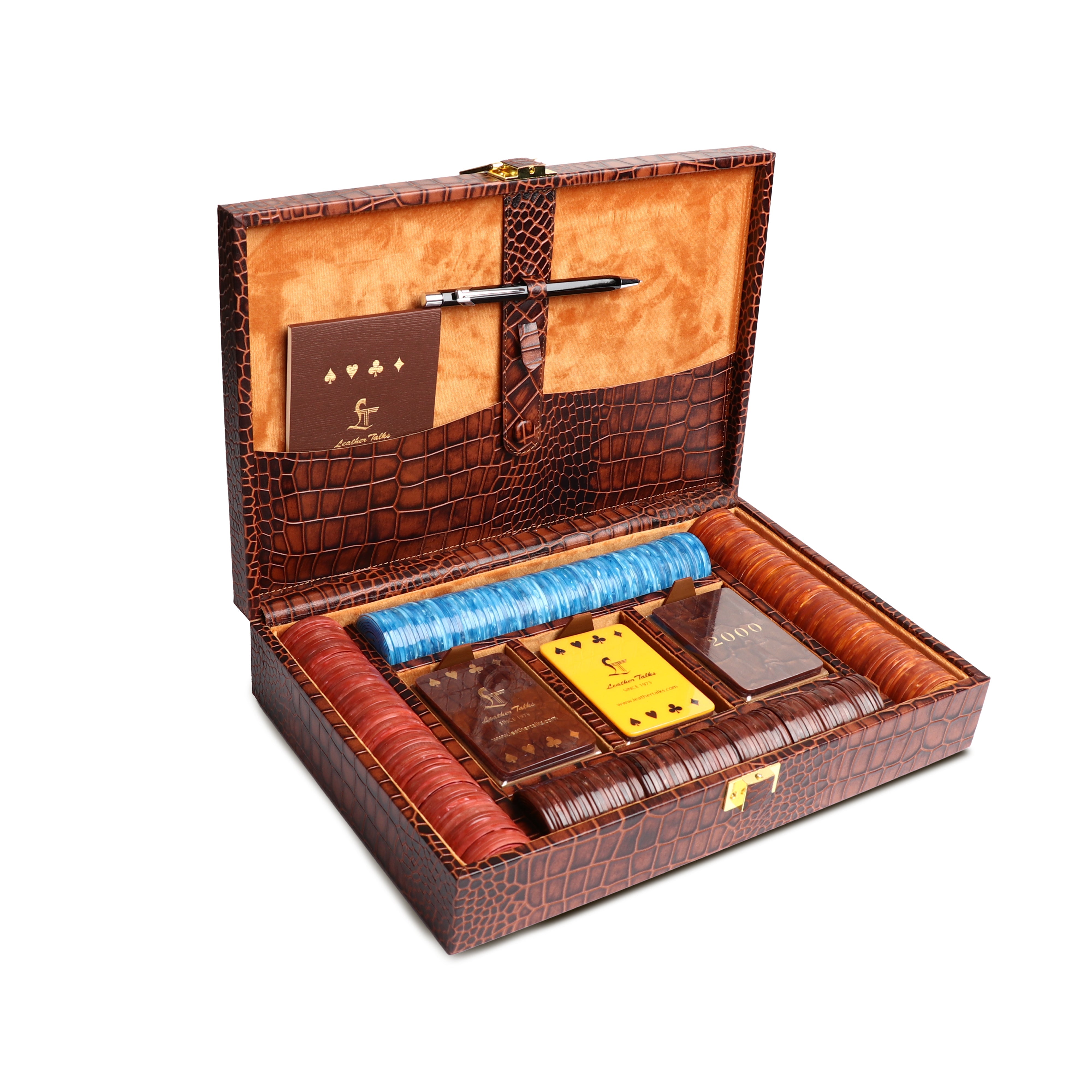 Leather Poker Box | Croco Embossed Genuine Leather | Luxury Playing Card Case | Premium Poker Gift Set | Color: Tan Leather Talks
