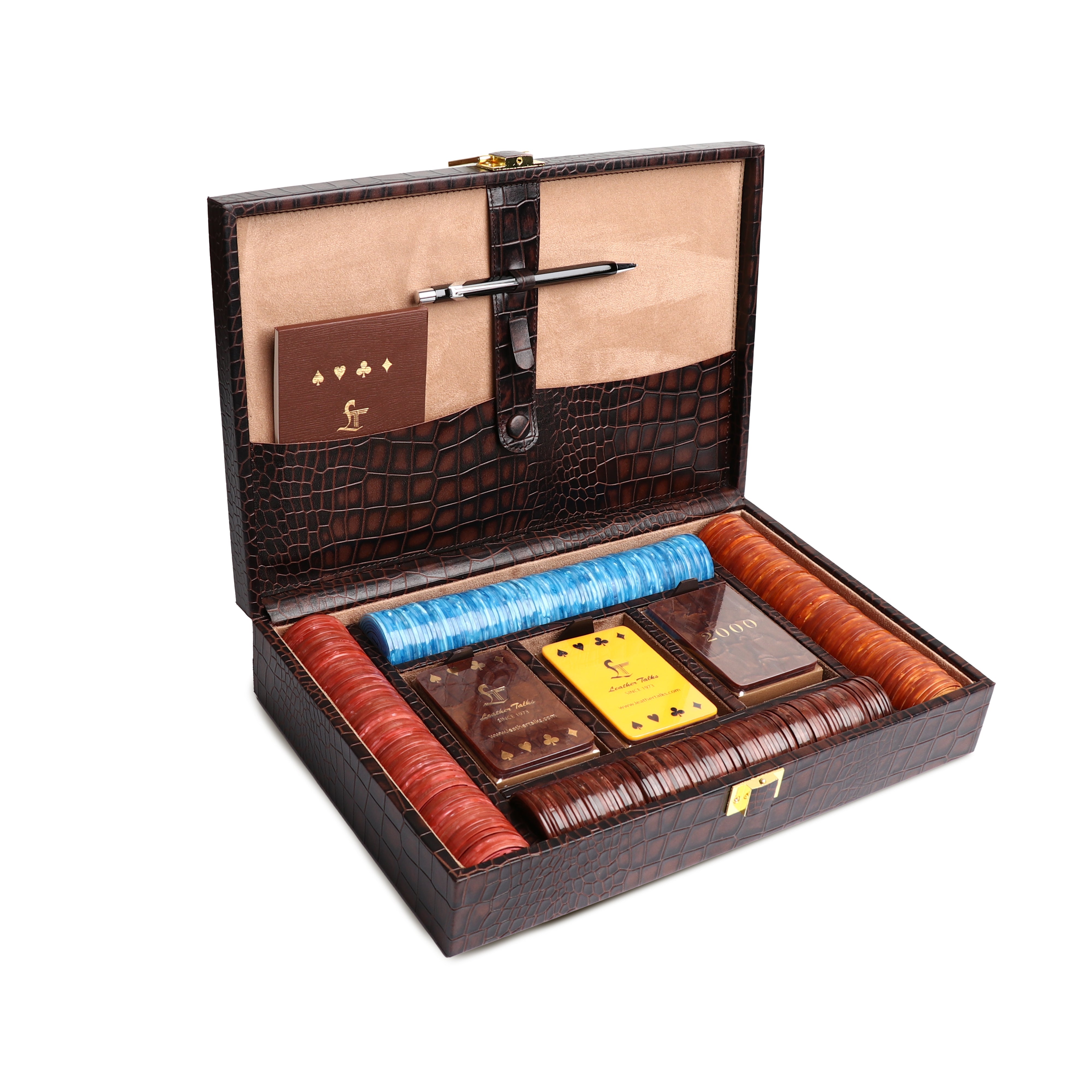 Leather Poker Box | Croco Embossed Genuine Leather | Color: Brown, Blue & Tan Leather Talks