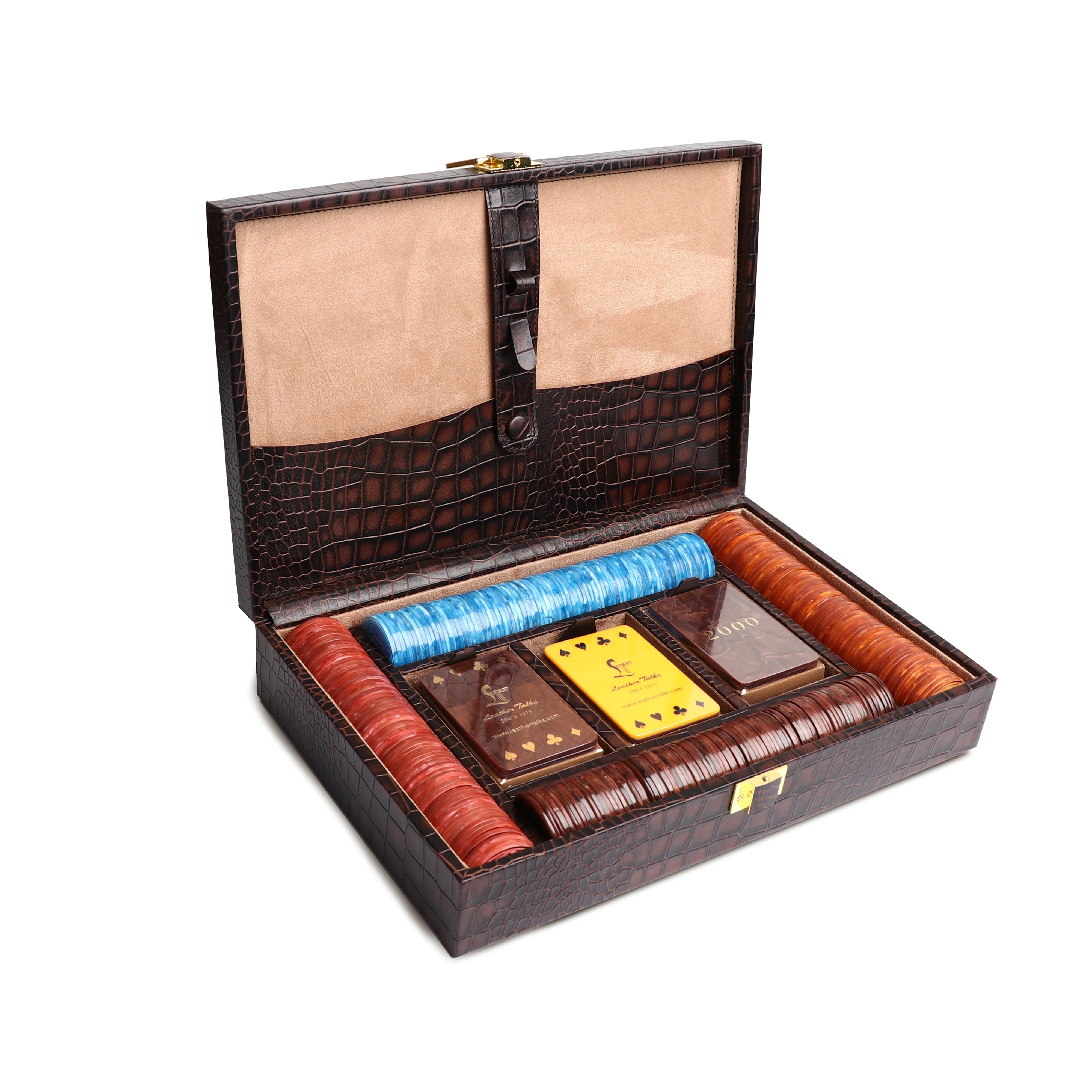 Leather Poker Box | Croco Embossed Genuine Leather | Color: Brown, Blue & Tan Leather Talks