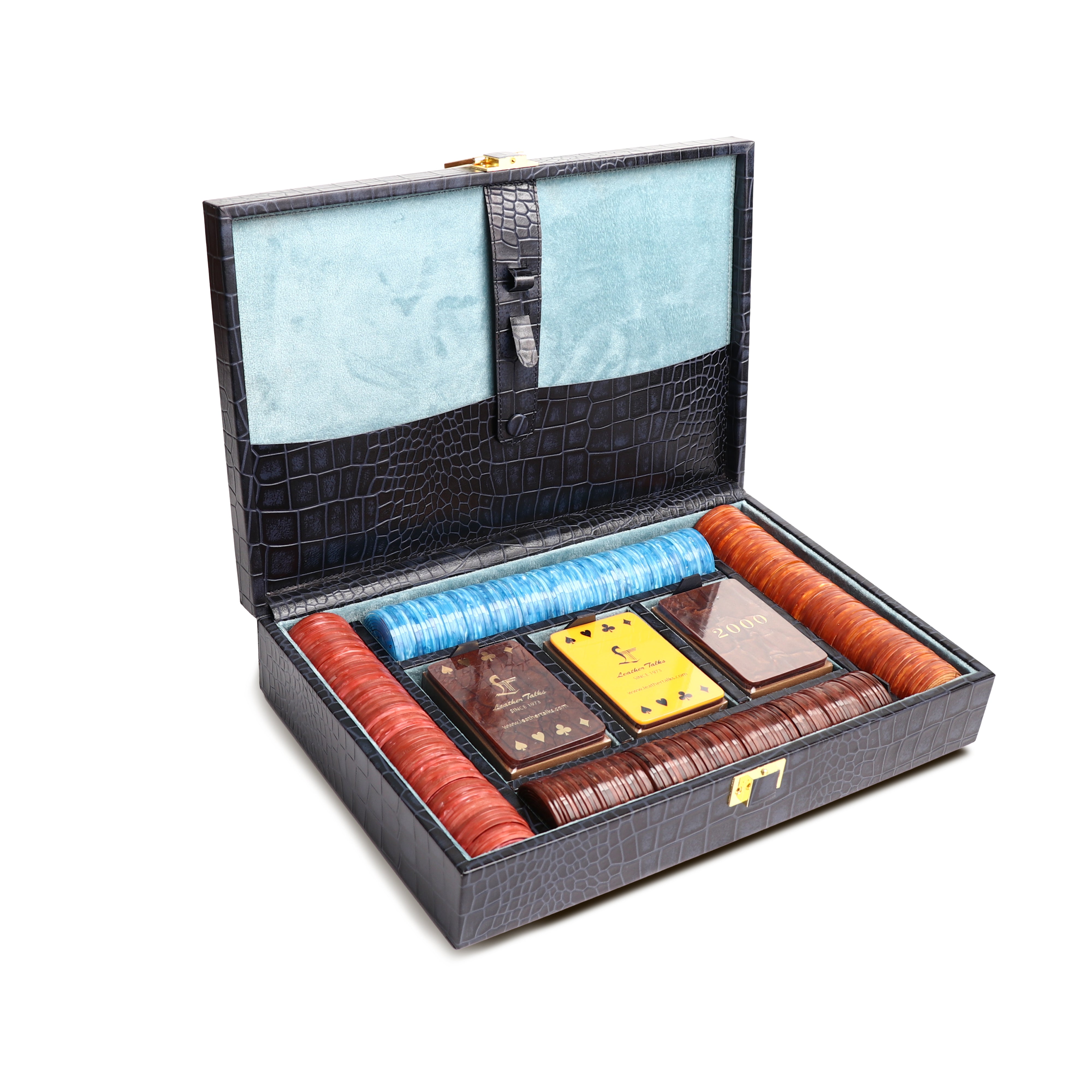 Leather Poker Box | Croco Embossed Genuine Leather | Color: Blue, Brown & Tan Leather Talks