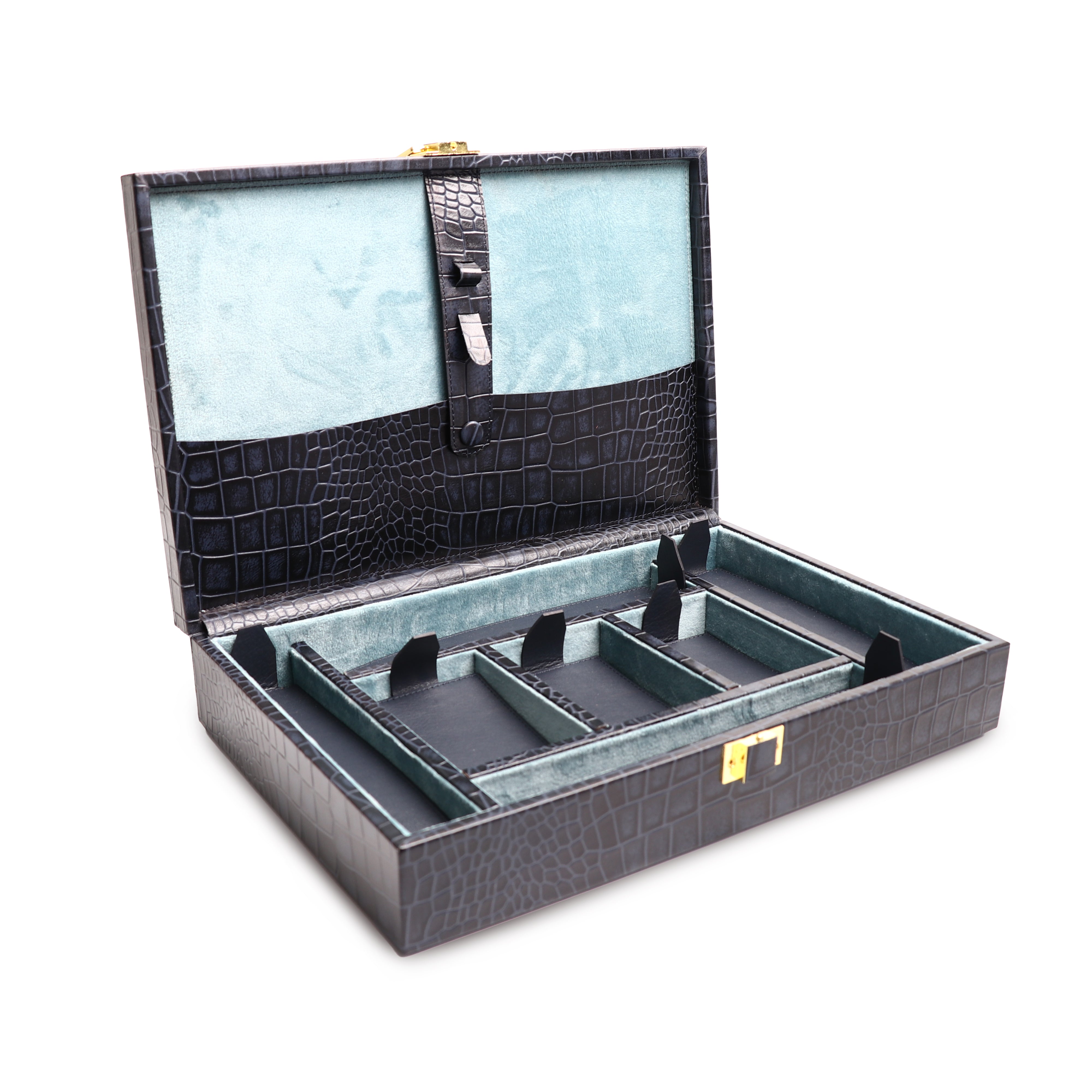 Leather Poker Box | Croco Embossed Genuine Leather | Color: Blue, Brown & Tan Leather Talks