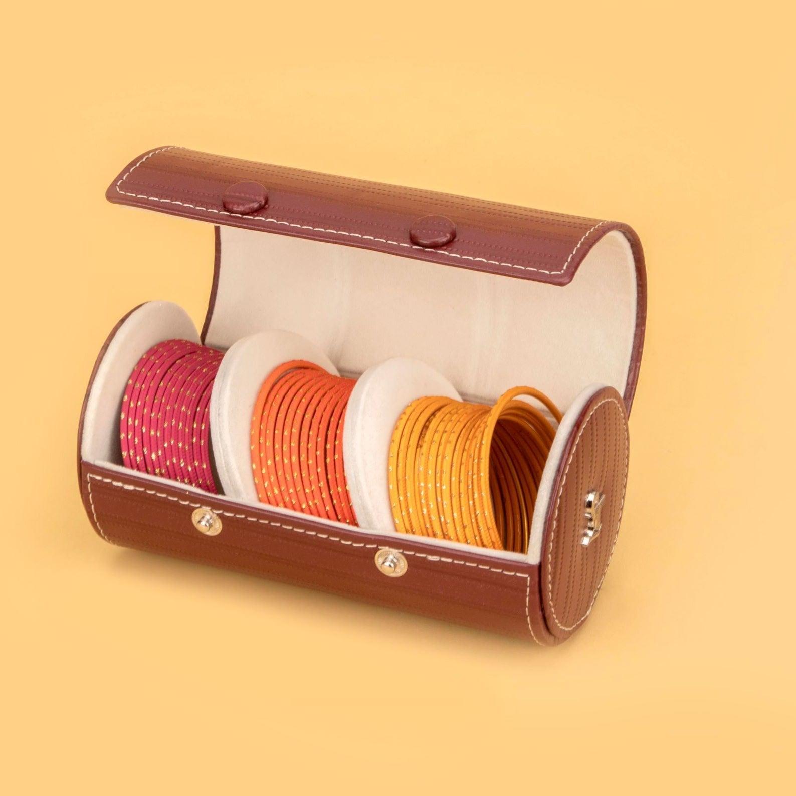 Genuine leather stitch cherry color bangle roll