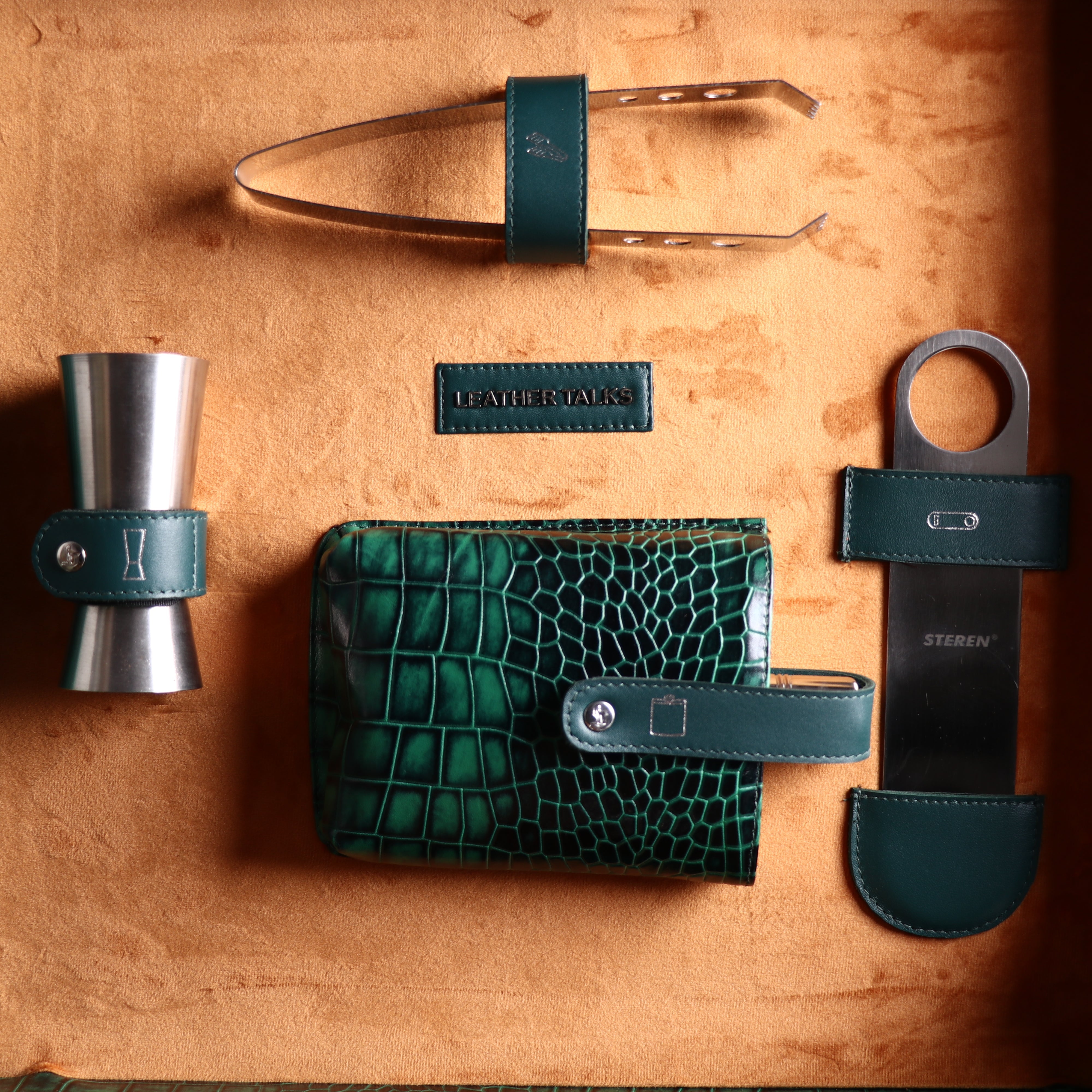 Premium Genuine Leather Bar Box | Luxury Portable Bar Set | Luxury Briefcase-Style Bar Set | Color: Green Leather Talks