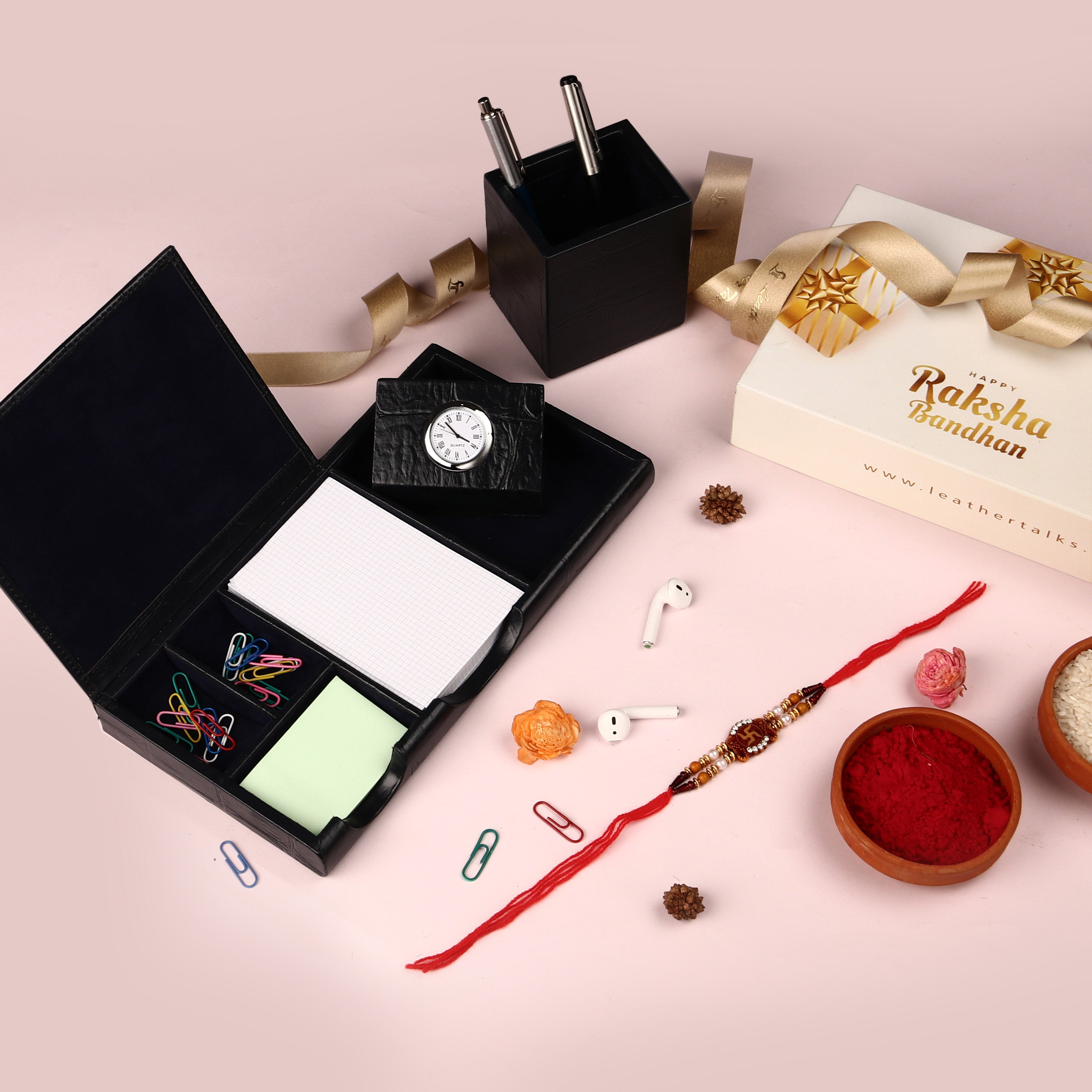 Raksha Bandhan Gift | Luxury Corporate Diwali Gift | Desktop Accessory Set I | Leather Desk Organizer | Leather Desk Accessories | Office Desk - Crocotail Black LeatherTalks