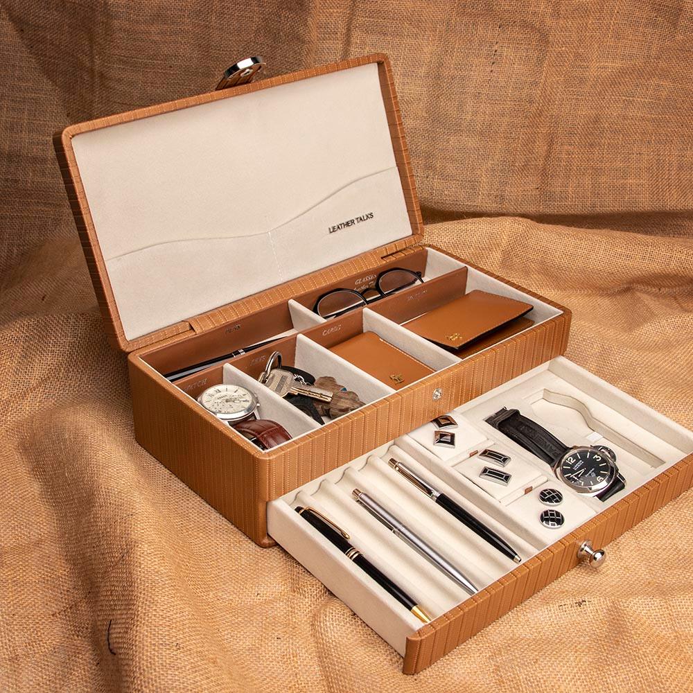 Men's Leather Valet Box with Lid | Genuine Leather | Color: Tan