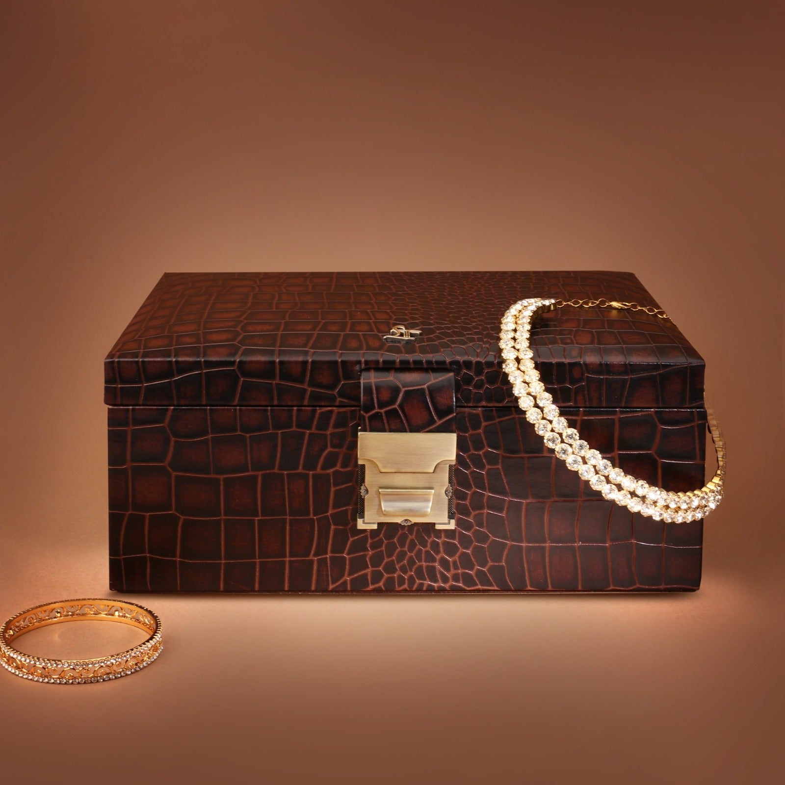 Royce Double Tray Jewellery Box | Luxury Genuine Leather Jewellery Box for Women | Elegant Organizer for Rings, Necklaces, Earrings & Watches | Color: Croco Brown Leather Talks