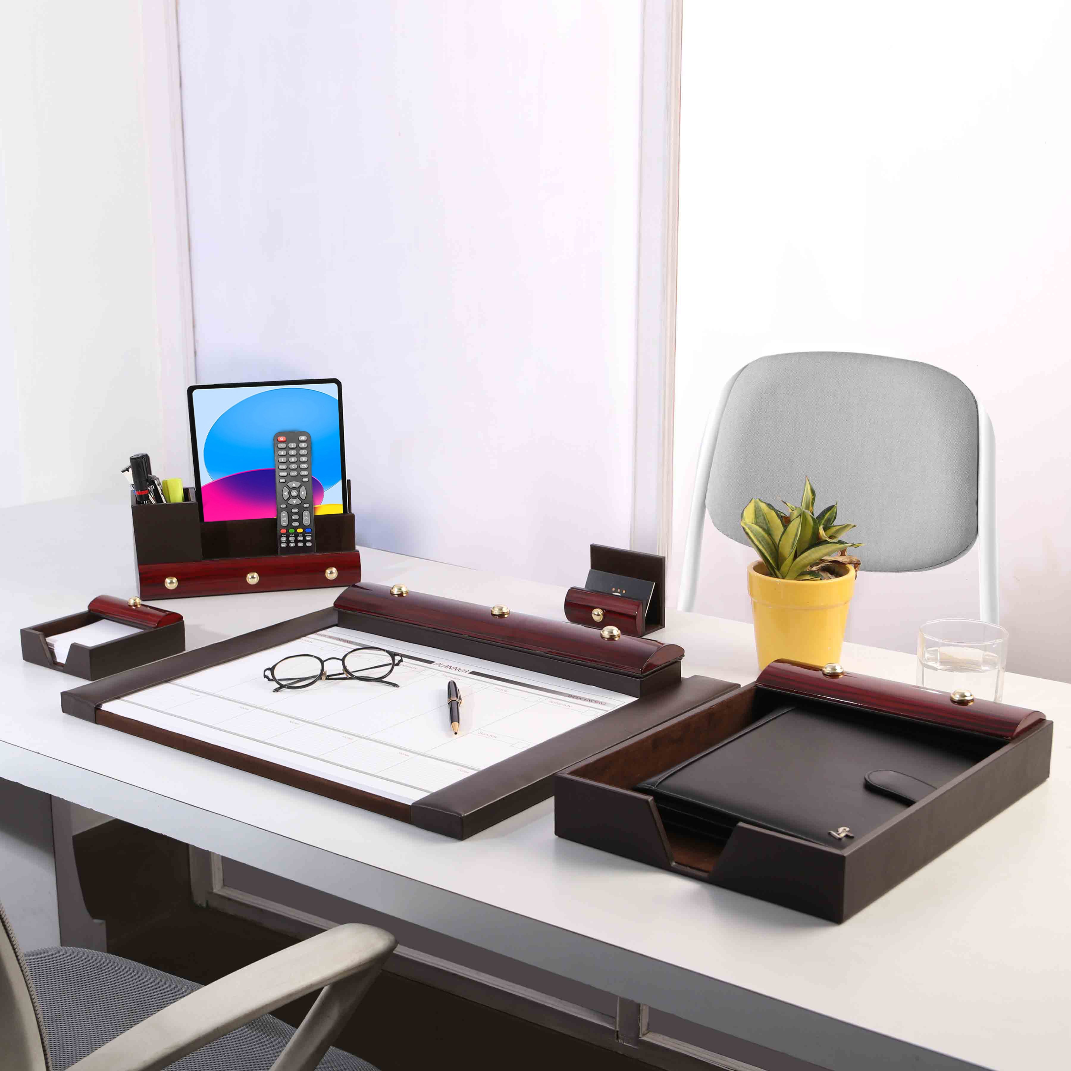 Wooden Leather Desktop Planner Set | Color- Brown Leather Talks