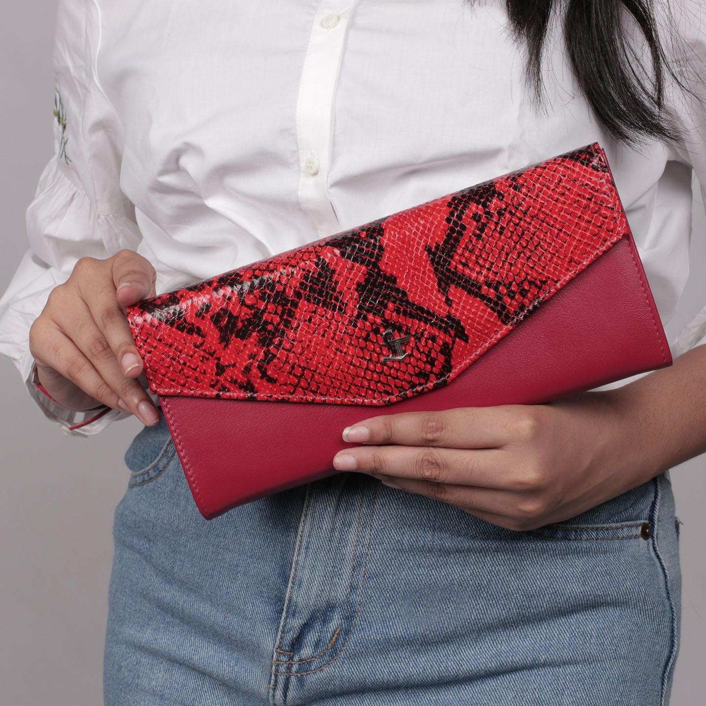 Onyx Snake Print | Leather Wallet for Women | 100% Genuine Leather | Color: Red