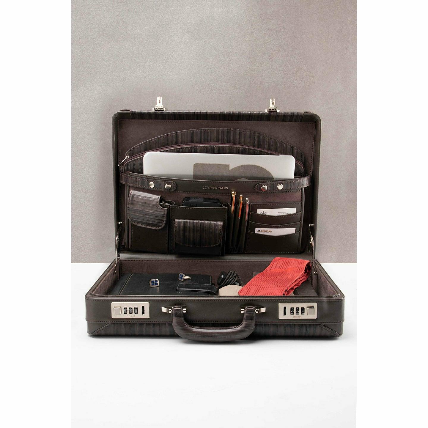 Italian VT Stripe Ruvido Double Lock Briefcase - Leather Talks